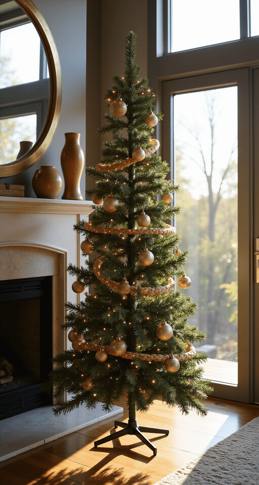 Crafting the Perfect Neutral Christmas Tree: A Minimalist's Guide to Cozy Holiday Decor A contemporary great room featuring floor-to-ceiling windows, golden hour sunlight casting dramatic shadows, and an 8ft artificial tree with metallic beige and champagne ornaments, illuminated by copper wire lights and wooden bead garlands, all set against a sleek limestone fireplace. The scene is captured from a 45-degree angle, reflecting the room's elegance and modern luxe style.