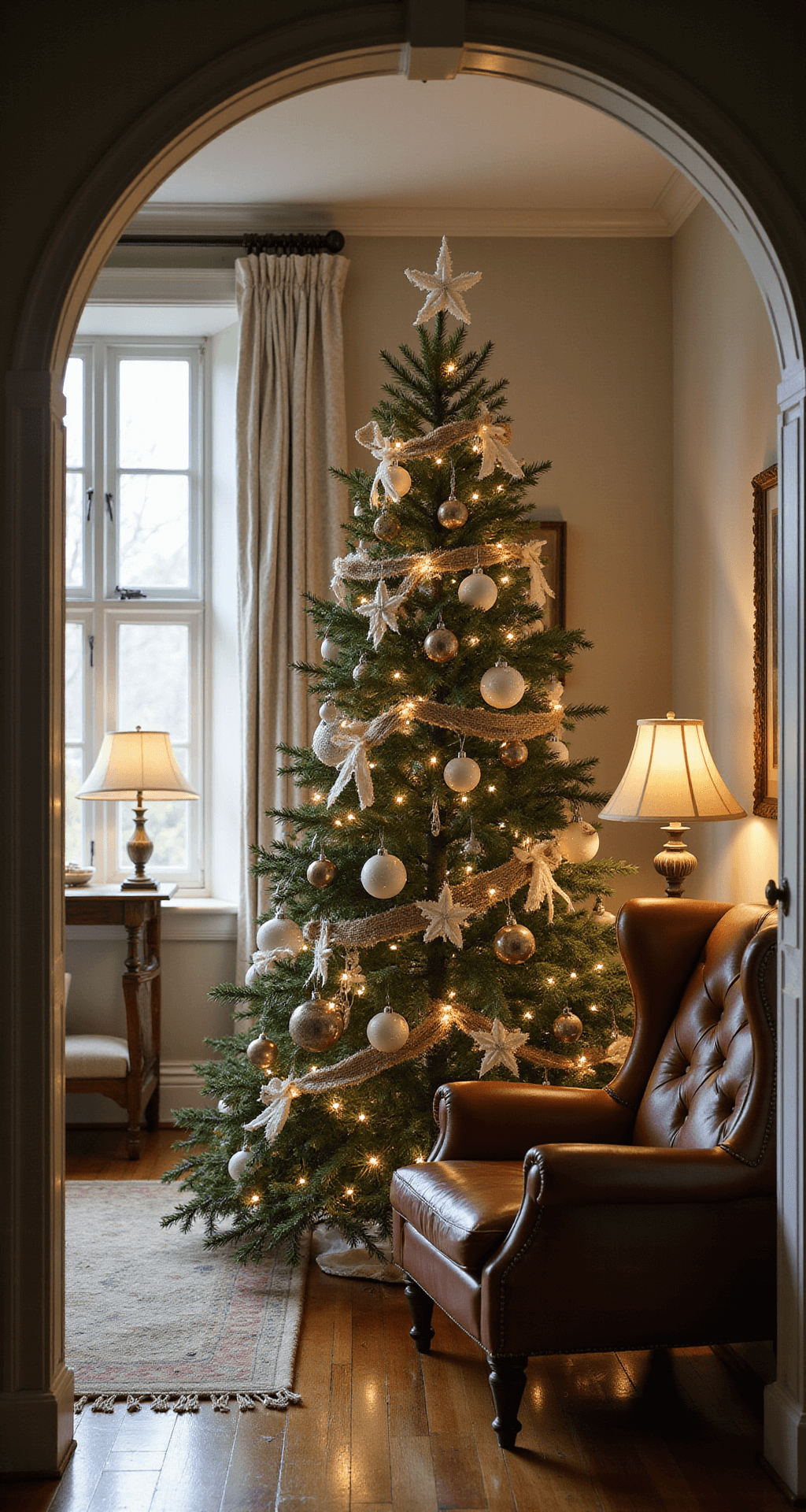 Crafting the Perfect Neutral Christmas Tree: A Minimalist's Guide to Cozy Holiday Decor Cozy den interior at dusk featuring an archway entrance, vintage floor lamps, and a decorated pencil tree beside a leather reading chair, captured in portrait orientation to emphasize the vertical lines, blending traditional and minimalist styles.