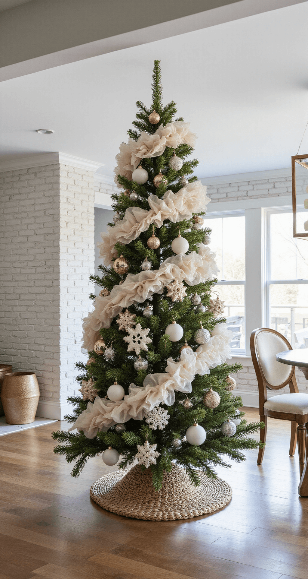 Crafting the Perfect Neutral Christmas Tree: A Minimalist's Guide to Cozy Holiday Decor Wide-angle view of an open concept space featuring a whitewashed brick accent wall, illuminated by mid-morning diffused light. A 10ft statement tree adorned with cream fabric garlands, oversized paper snowflakes, and matte white ceramic ornaments is set within a woven seagrass tree collar. The setting reflects a contemporary coastal style with bohemian elements, captured from the dining area.