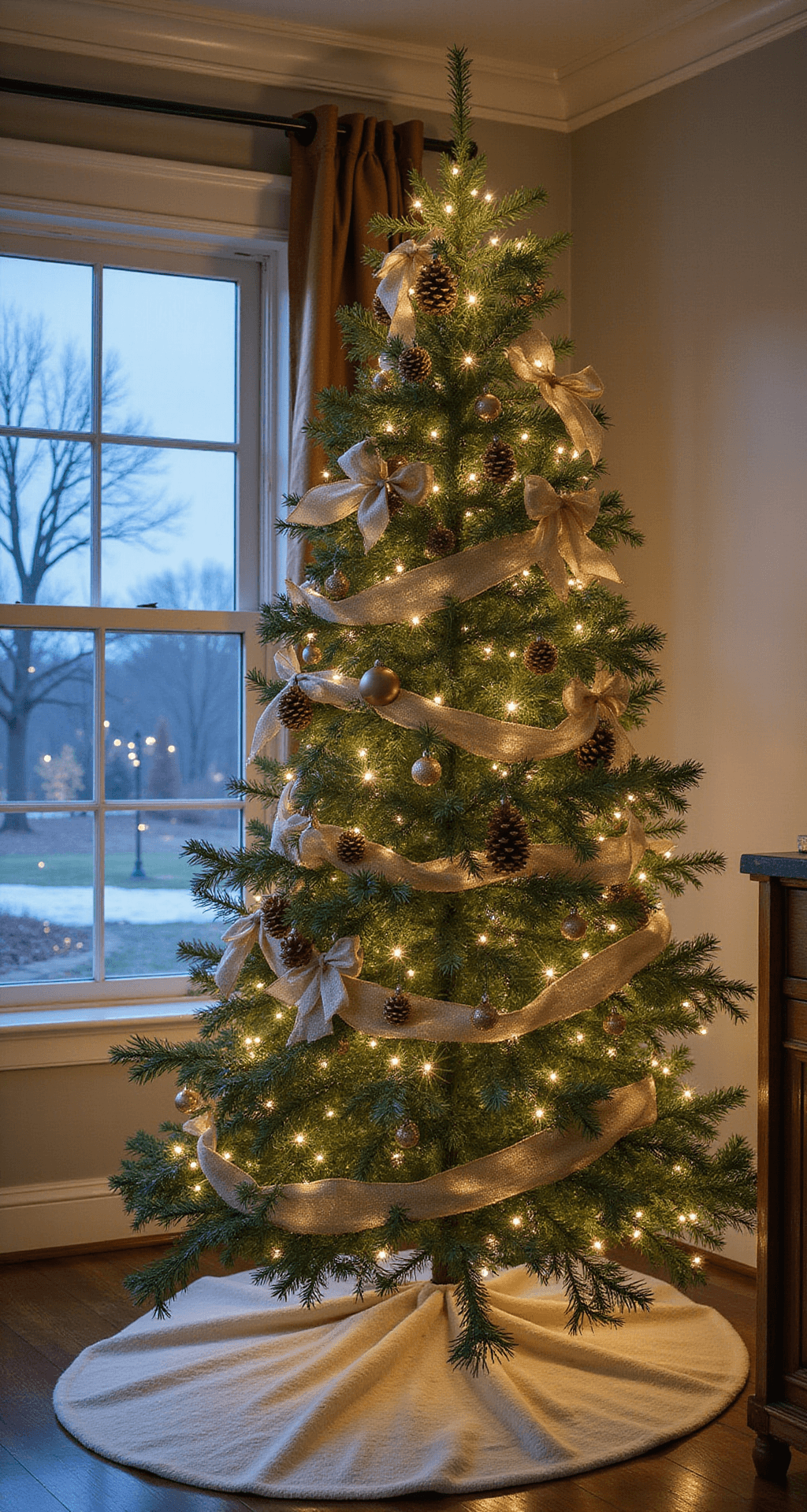 Crafting the Perfect Neutral Christmas Tree: A Minimalist's Guide to Cozy Holiday Decor A cozy sitting room featuring a classic design with crown molding, illuminated by twilight blue and warm indoor lighting. A 7ft noble fir tree, decorated with natural pinecones, beige linen bows, and vintage pearl-finish ornaments, stands on a cream chenille tree skirt. The photo captures the scene from a corner angle, highlighting the tree's silhouette in an atmosphere of transitional elegance.