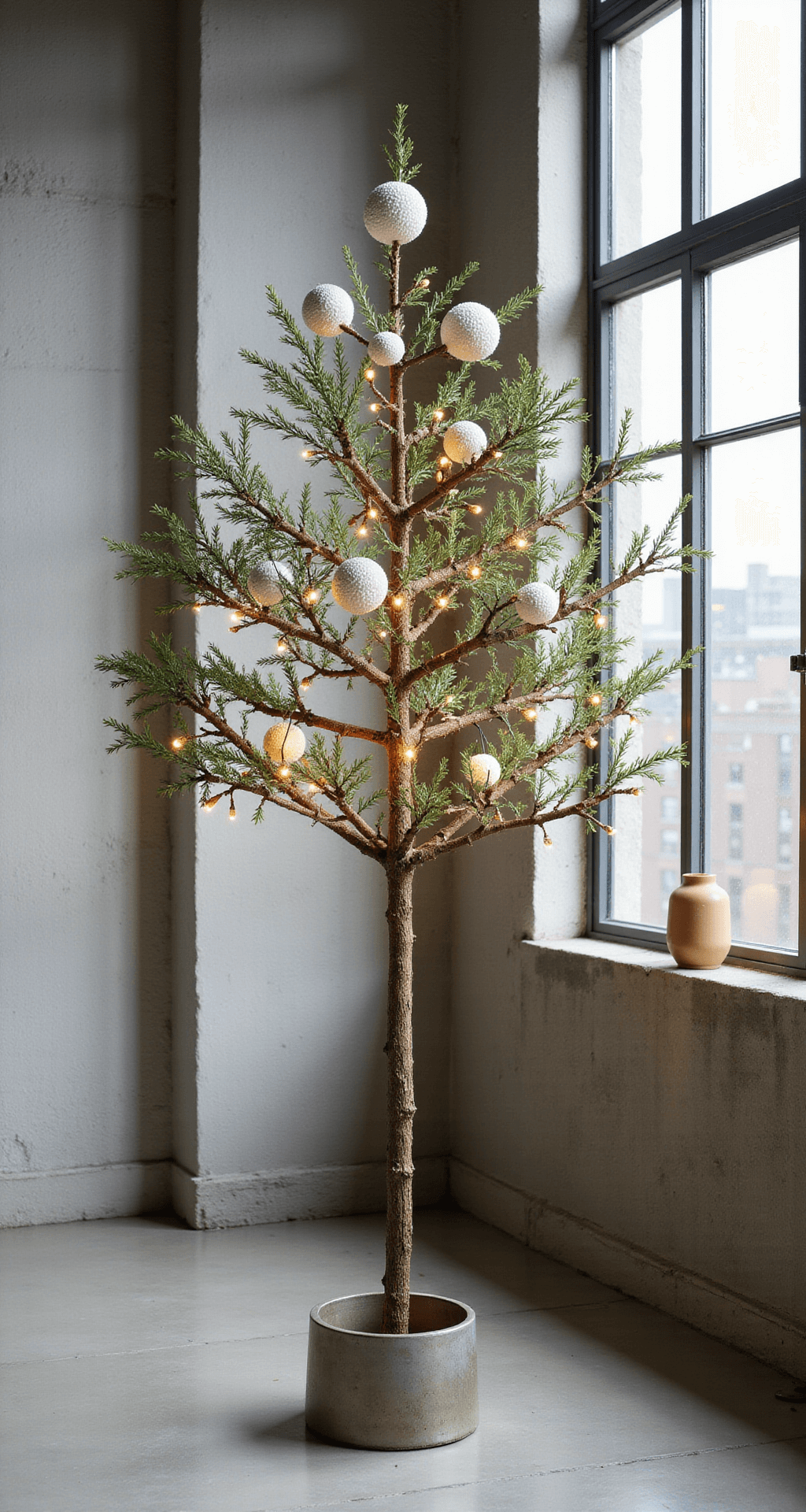 Crafting the Perfect Neutral Christmas Tree: A Minimalist's Guide to Cozy Holiday Decor A modern loft interior with concrete floors and industrial windows, featuring an 8.5ft artificial tree decorated with white textured balls, raw wooden elements, and warm rice lights, all viewed from a slight elevation.