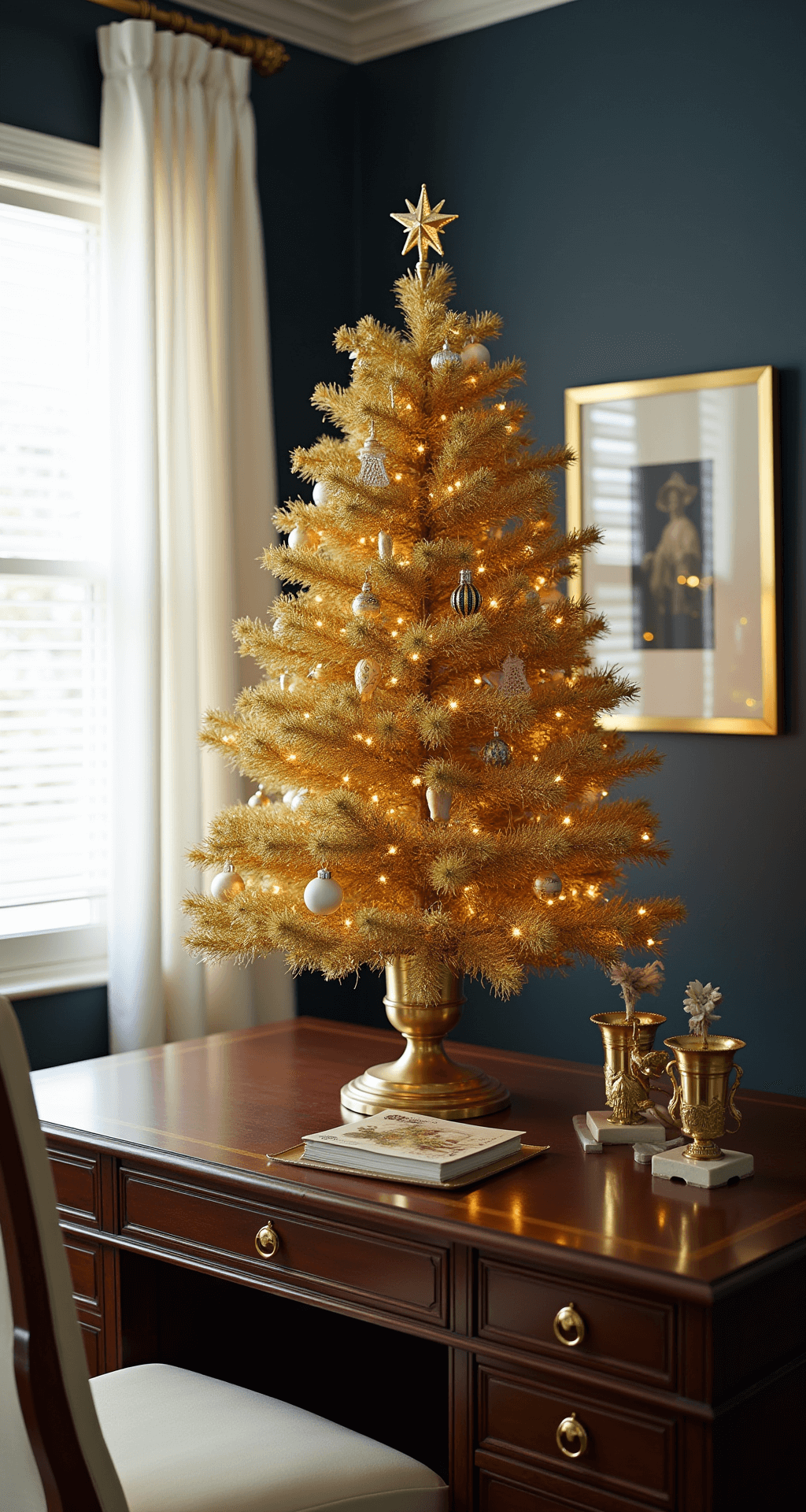 Glamorous Gold Christmas Trees: Your Ultimate Guide to Festive Luxury A cozy home office with dark navy walls, featuring an antique mahogany desk and a 3-foot gold tinsel tree adorned with matte gold and crystal ornaments. Early morning light filters through sheer white curtains, illuminating brass desk accessories and a cream leather chair. The scene is captured from a slightly elevated angle, highlighting the tree's connection to the workspace.
