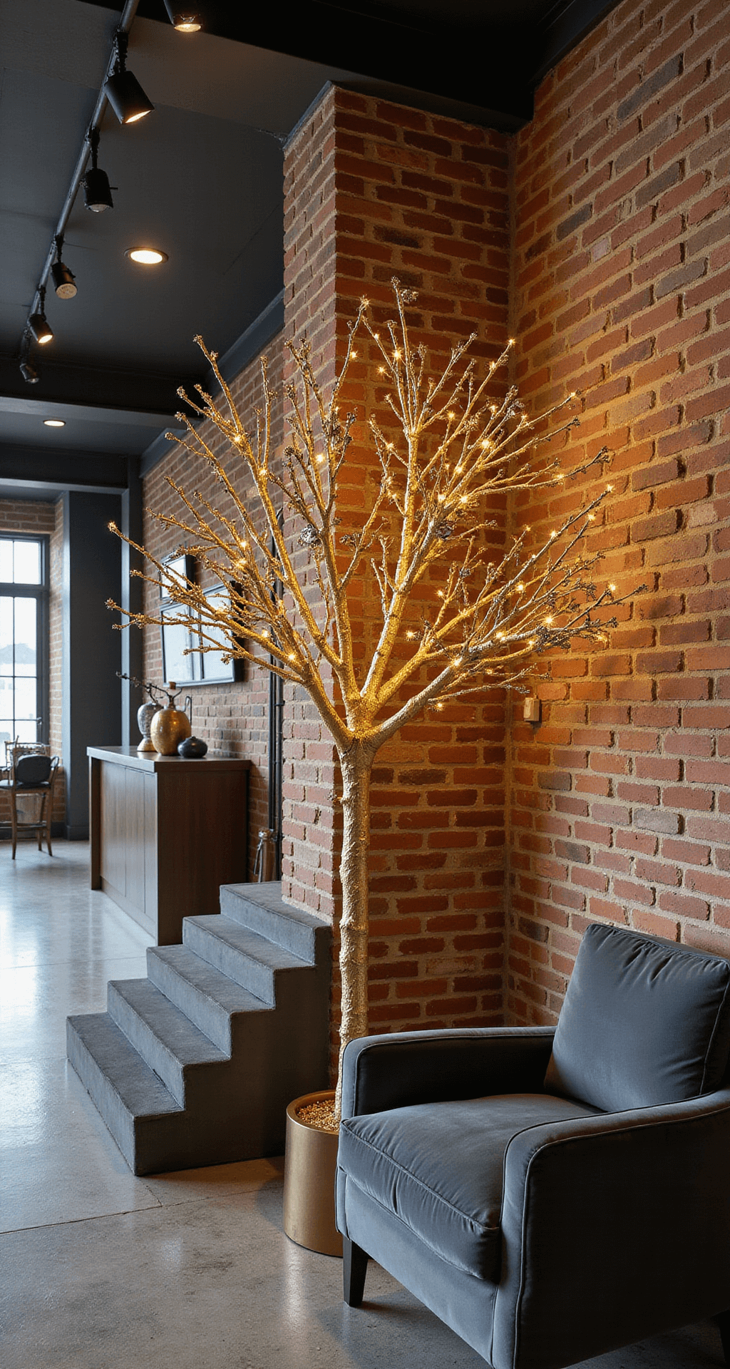 Glamorous Gold Christmas Trees: Your Ultimate Guide to Festive Luxury A modern open-concept living space featuring 12-foot ceilings, an exposed brick wall, and a 7-foot metallic gold Christmas tree adorned with geometric and abstract ornaments. The dusk lighting and uplighting on the tree create a warm ambiance, complemented by charcoal grey velvet furniture with brass accents and polished concrete floors that reflect light. The wide-angle view captures the inviting spatial context of the room.