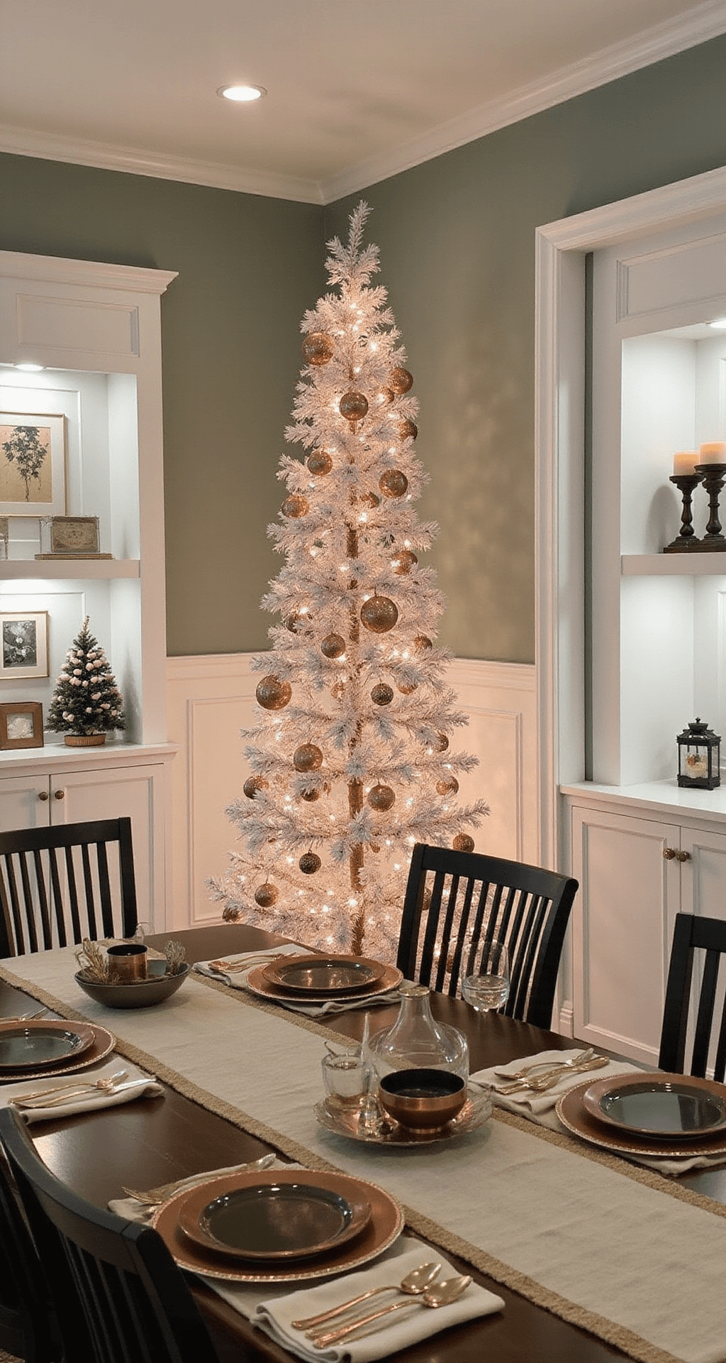 Glamorous Gold Christmas Trees: Your Ultimate Guide to Festive Luxury Contemporary dining room featuring an 8-foot rose gold tree adorned with blush pink, copper, and pearl ornaments, centered between built-in shelving units, under dimmed evening lighting. The room showcases white wainscoting against sage green walls, with a metallic table setting on an adjacent dining table, all captured at table height for full context.
