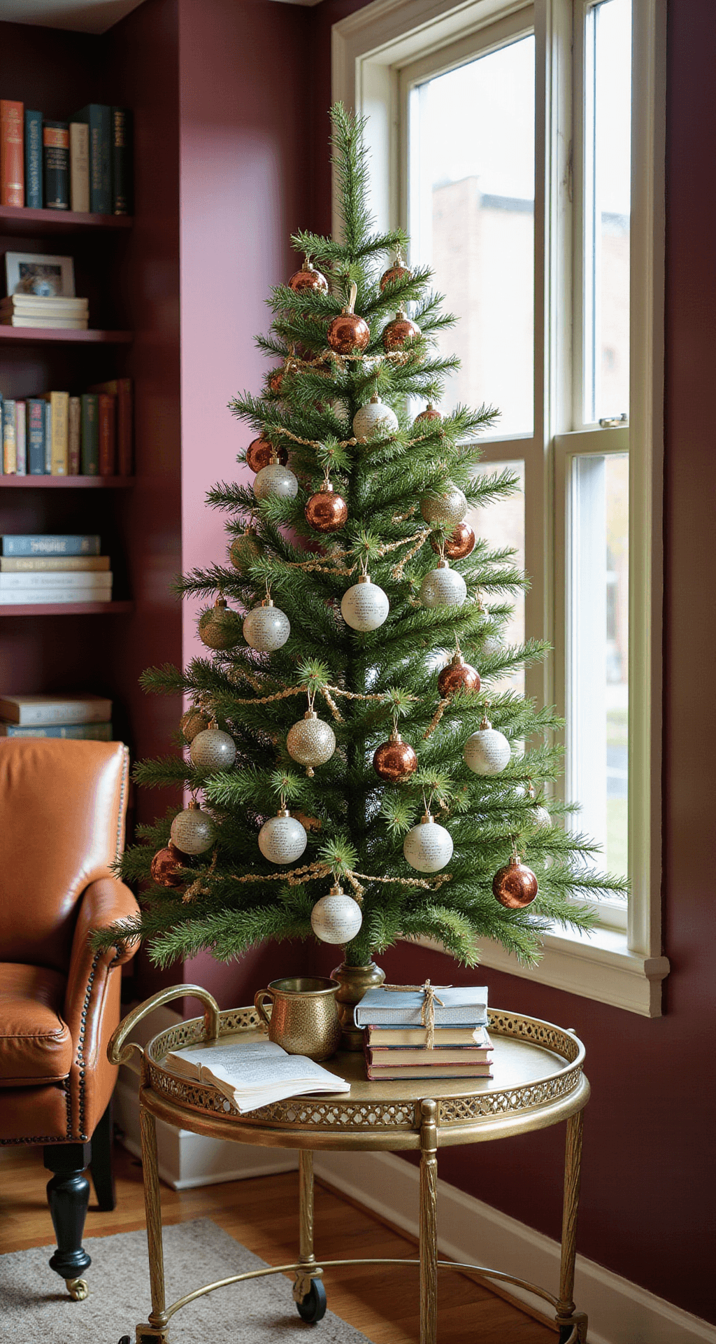 Glamorous Gold Christmas Trees: Your Ultimate Guide to Festive Luxury Cozy reading nook with a vintage brass bar cart holding a 4-foot gold tabletop tree adorned with antique book page ornaments and gold ribbon garland, bathed in late morning natural light from a bay window. A leather armchair and floating bookshelves surround the scene, set against a burgundy accent wall with cream trim. Macro focus highlights the intricate details of the ornaments, with a softly blurred background.