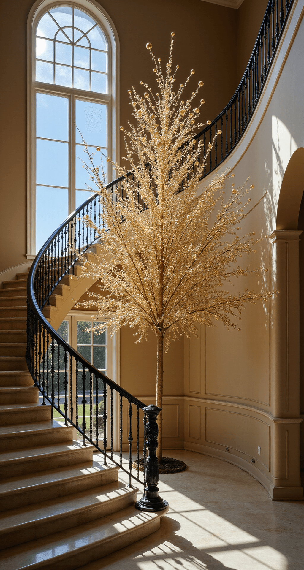 Glamorous Gold Christmas Trees: Your Ultimate Guide to Festive Luxury A stunning double-height foyer features a slim gold tree by a curved staircase, illuminated by moonlight through an arched window. The tree is decorated with cascading crystal garlands and oversized gold spheres, while marble flooring reflects its shimmer. A black iron stair railing adds contrast to the scene, captured from the second-floor landing for dramatic effect.