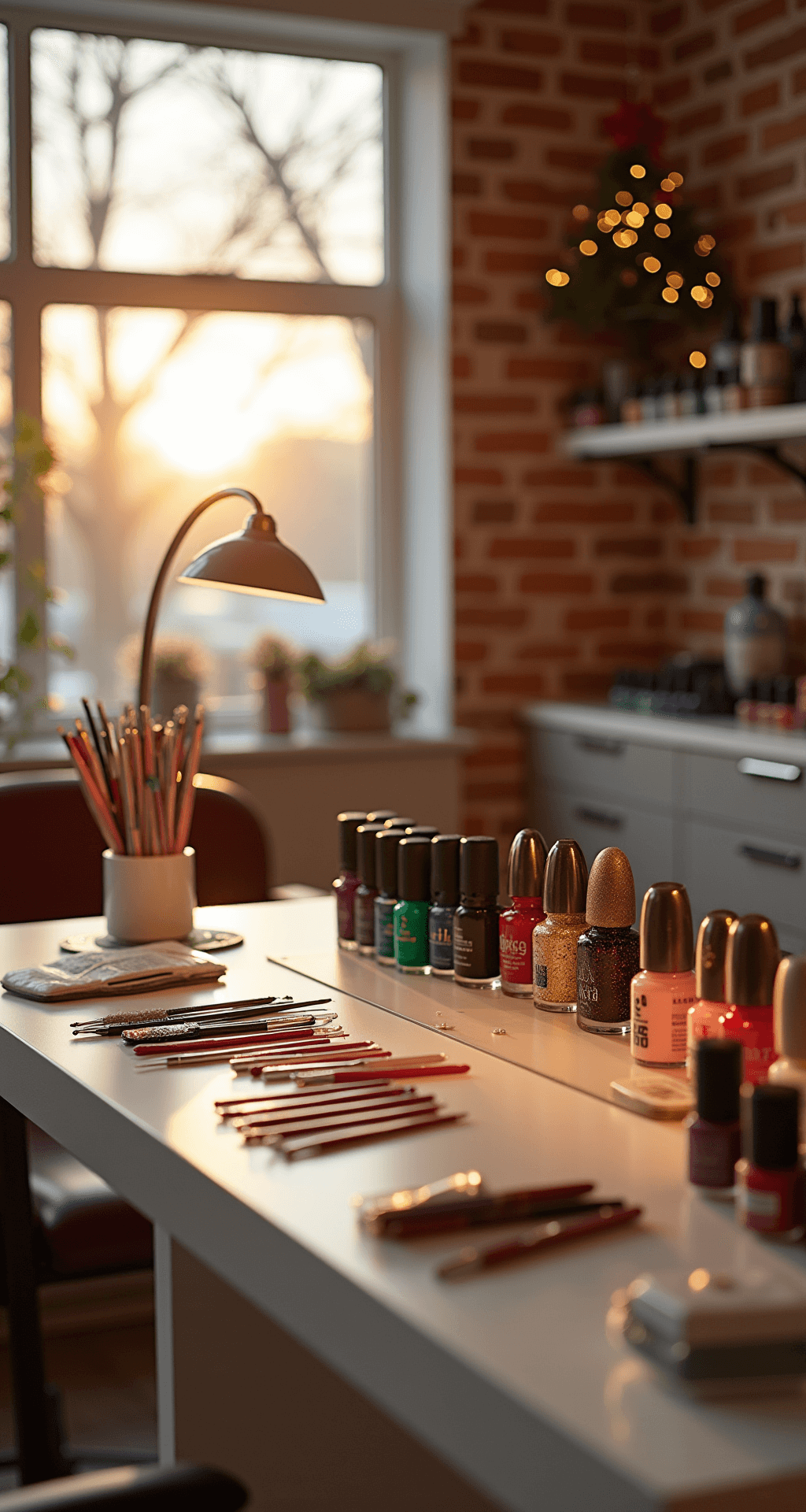 Festive Flair: Mastering Christmas Tree Nail Art Design A cozy nail salon during golden hour, featuring an exposed brick accent wall, floating shelves with colorful polish collections, and a modern white manicure station bathed in warm light. Close-up of organized nail art tools and seasonal gel polishes in emerald, crimson, and metallic gold, with a softly glowing LED lamp. Shallow depth of field focuses on the workspace, creating a bokeh effect on festive holiday decor in the background.