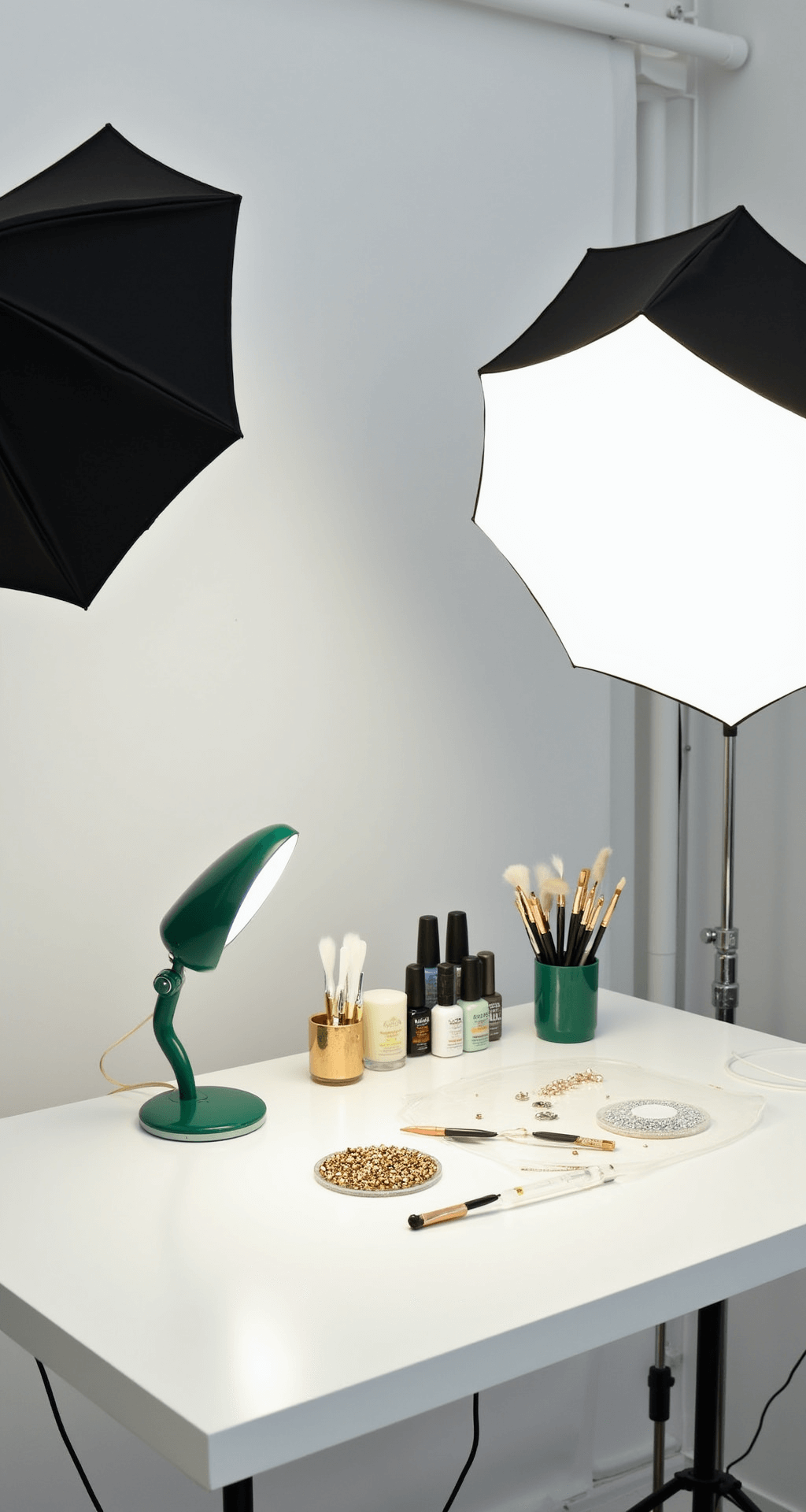 Festive Flair: Mastering Christmas Tree Nail Art Design Professional photography studio setup for a nail art tutorial, featuring a minimalist white desk and tools arranged meticulously against a stark white backdrop, with macro lens view highlighting essential nail art supplies in a forest green, snow white, and gold color palette. Camera positioned overhead at a 45-degree angle for detailed workspace capture.
