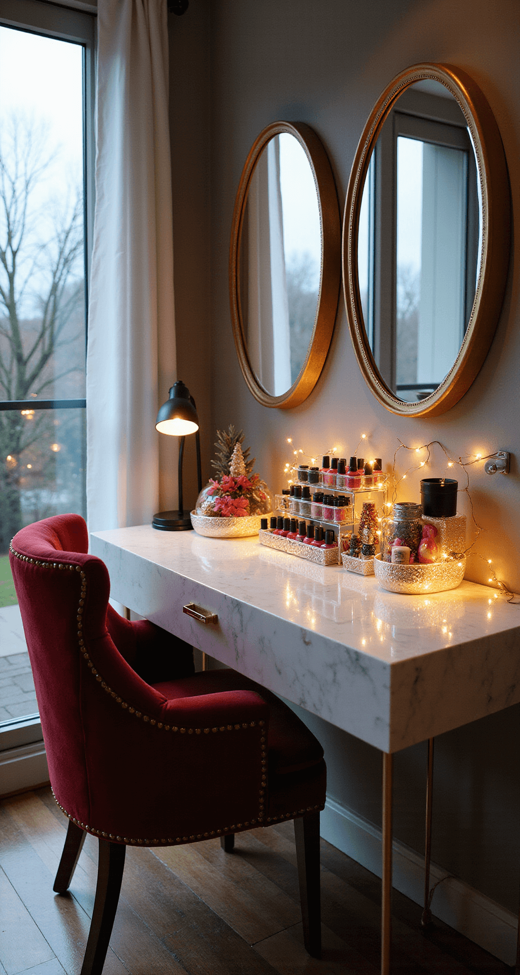 Festive Flair: Mastering Christmas Tree Nail Art Design A luxurious home nail station in a sunlit corner features a velvet accent chair, gold-framed mirrors, and a custom white marble floating desk. Organized Christmas-themed nail art supplies are displayed in crystal containers, illuminated by ambient fairy lights.