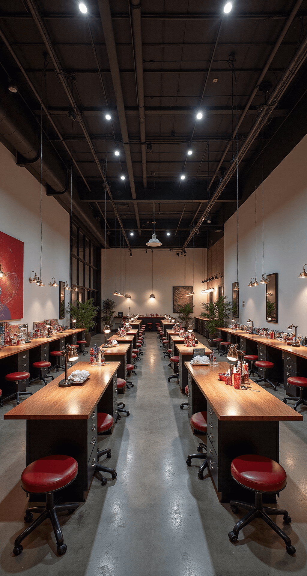 Festive Flair: Mastering Christmas Tree Nail Art Design A contemporary nail bar interior at dusk featuring an open concept layout with an industrial ceiling, spotlight pendant lights over individual stations, and a central manicure table displaying a holiday nail art demonstration. The space is adorned with rich jewel-toned decor and multiple LED lamps offering cool white light pockets, captured from a three-quarter view to emphasize depth and dramatic lighting.