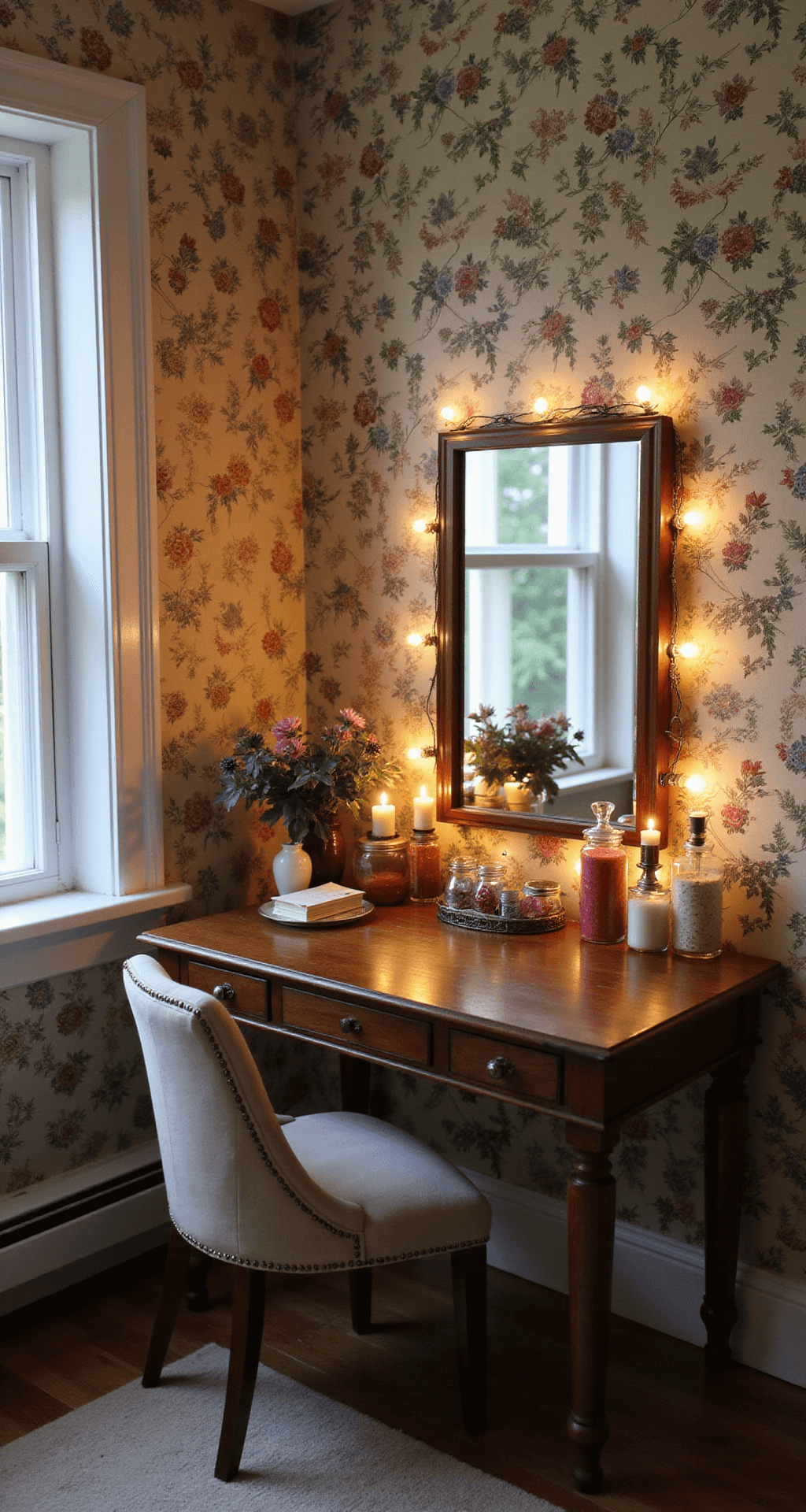 Festive Flair: Mastering Christmas Tree Nail Art Design A cozy beauty nook featuring botanical wallpaper, a vintage vanity repurposed as a nail station, antique glass containers filled with seasonal nail art supplies, string lights, and candles, all bathed in soft afternoon light.