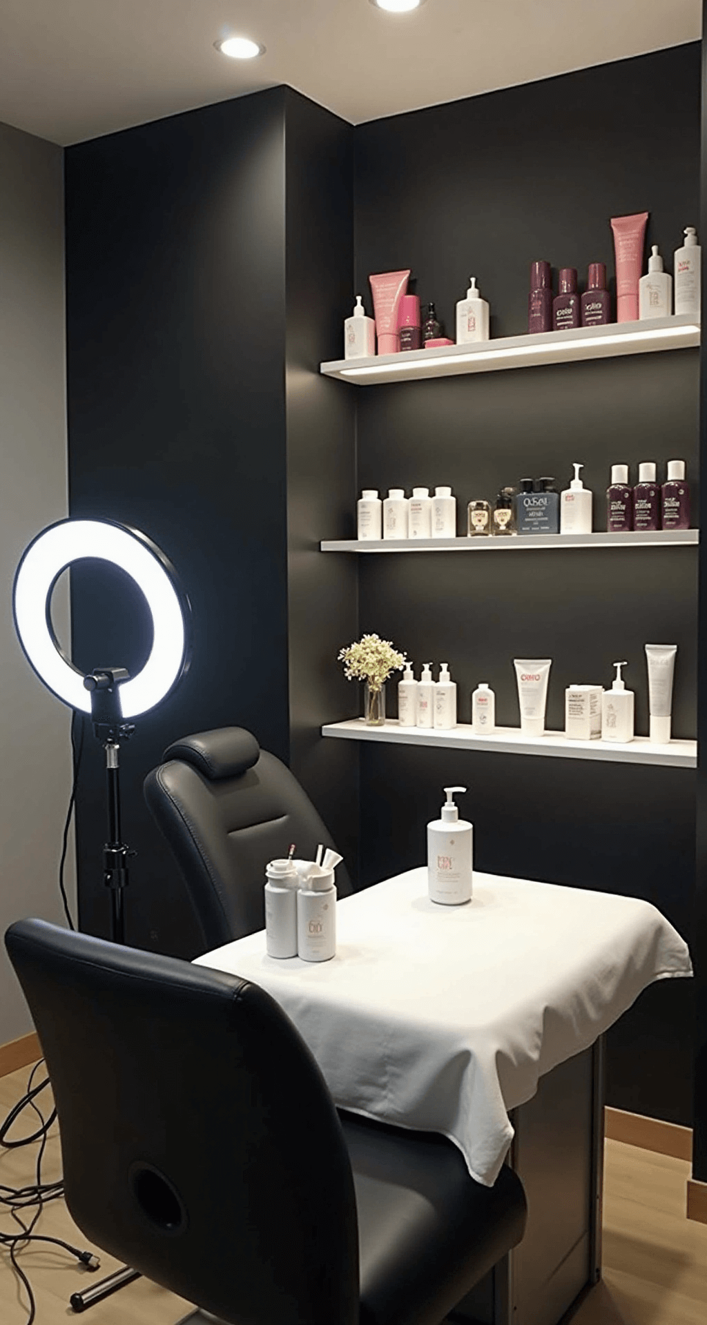 Festive Flair: Mastering Christmas Tree Nail Art Design Modern salon treatment room featuring a matte black accent wall, floating LED-lit shelving with premium nail products, and an ergonomic manicure station with integrated storage. The professional lighting setup includes a ring light and side fills, providing clean, high-key lighting for optimal technical documentation.