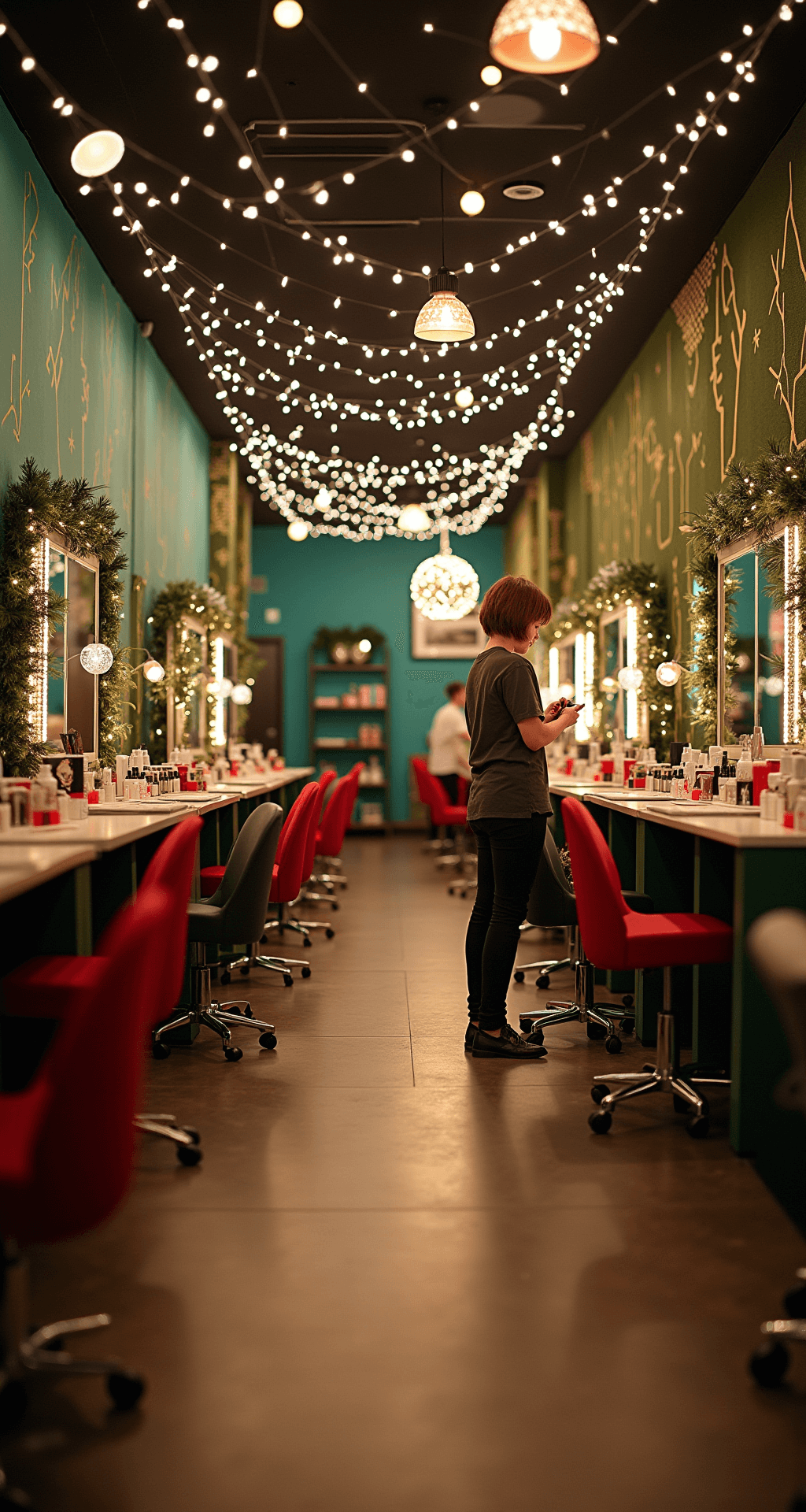 Festive Flair: Mastering Christmas Tree Nail Art Design A festive holiday pop-up nail bar in an evening setting, featuring twinkle lights and garland for a magical ambiance, multiple styling stations decorated with Christmas themes, deep forest green accent walls with gold geometric patterns, and product displays showcasing holiday collections, all captured in a warm, inviting lighting atmosphere.