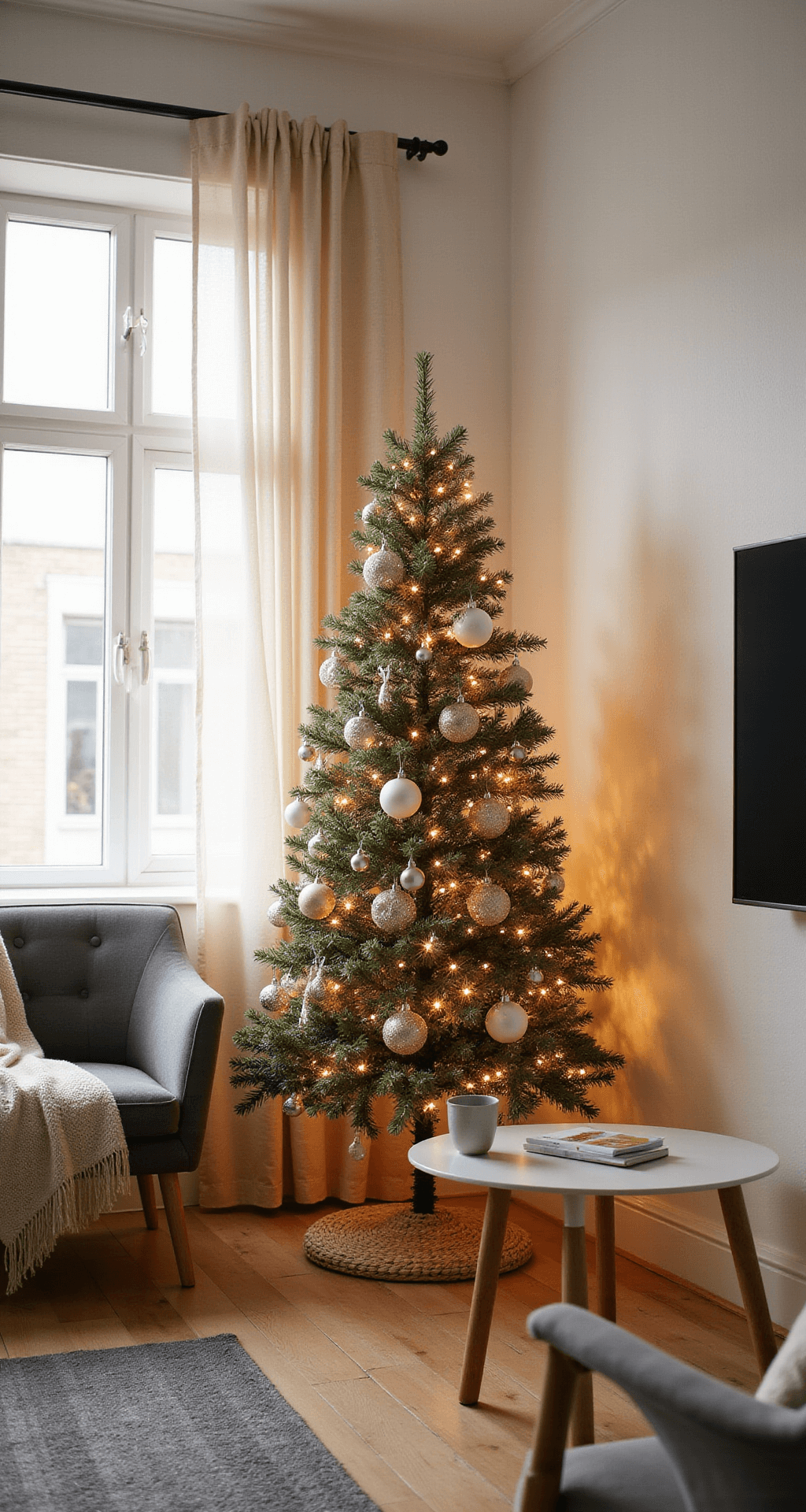 Styling a Small Christmas Tree: Your Ultimate Guide to Festive Decor in Tight Spaces A cozy studio apartment Christmas corner featuring a minimalist 12x14ft space with an 8ft ceiling. A 4ft artificial Christmas tree adorned in champagne and white decorations stands in the corner against white walls, illuminated by golden hour sunlight filtering through sheer curtains. Nearby is a modern gray armchair with a cream throw, and a Scandinavian-style side table holds a ceramic mug. The wide-angle shot captures the warm, atmospheric glow of the tree, creating a neutral and serene mood.