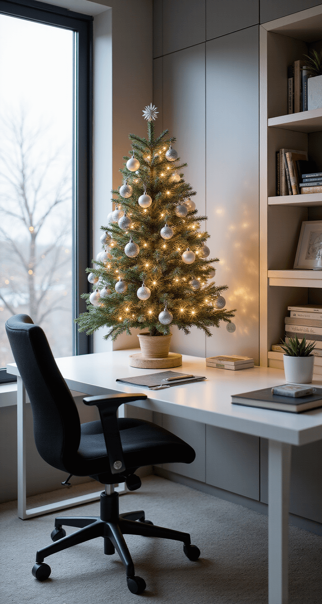 Styling a Small Christmas Tree: Your Ultimate Guide to Festive Decor in Tight Spaces A modern office Christmas nook featuring a contemporary 10x12ft home office with built-in shelving, a white desk holding a 3ft tabletop Christmas tree adorned with monochromatic silver and white decorations, mini mercury glass ornaments, and warm tree lights, all illuminated by cool morning light. A black ergonomic chair and minimalist desk accessories complete the professional yet festive atmosphere, captured from desktop level with a shallow depth of field focusing on the tree.