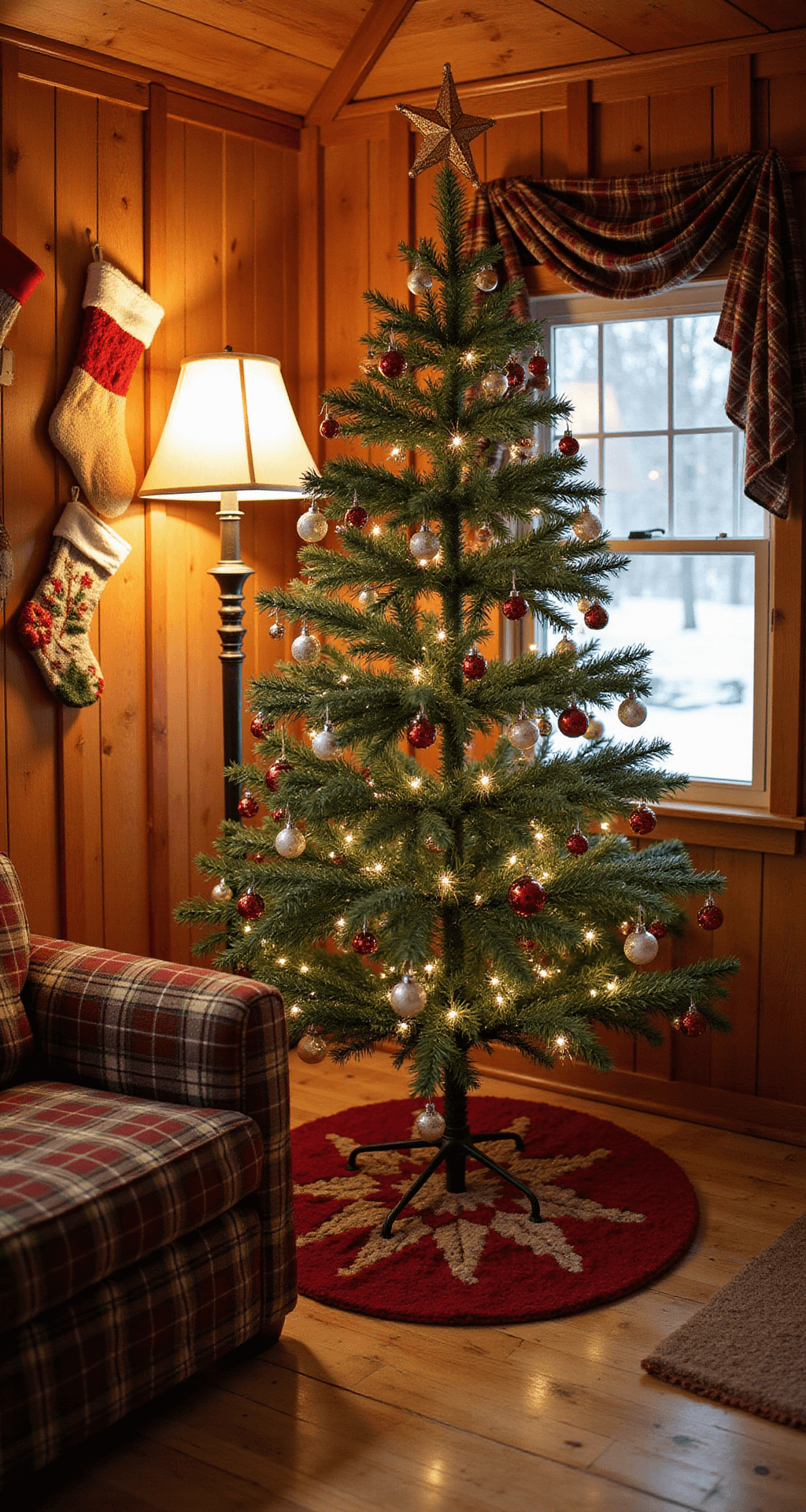 Styling a Small Christmas Tree: Your Ultimate Guide to Festive Decor in Tight Spaces A cozy 8x10ft traditional tiny home decorated for Christmas, featuring wood-paneled walls, a 4ft tree with red and green vintage ornaments and popcorn garland, a plaid loveseat, and knit stockings hanging on the wall, all illuminated by soft lamp light for a warm, nostalgic holiday atmosphere.