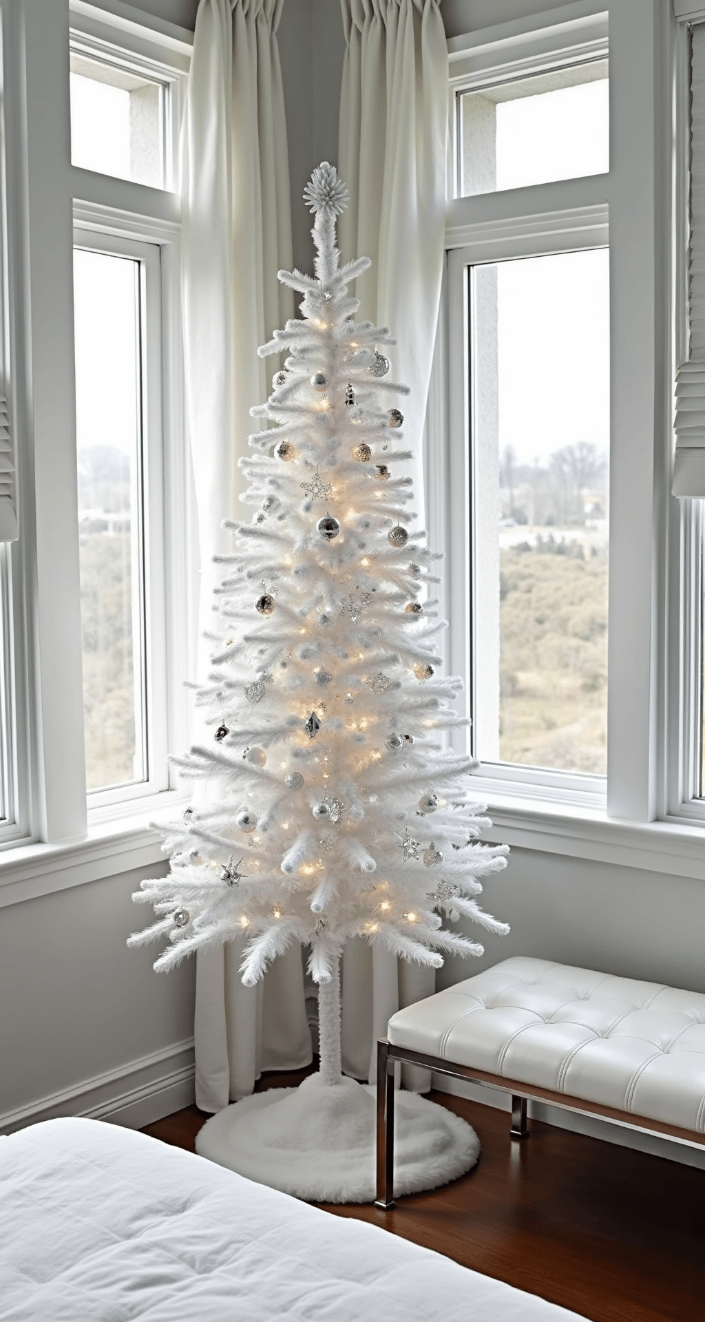 Styling a Small Christmas Tree: Your Ultimate Guide to Festive Decor in Tight Spaces A modern bedroom corner featuring floor-to-ceiling windows, a white artificial tree adorned with clear glass and crystal ornaments, and a snow-white faux fur tree skirt, all bathed in morning light. A white leather bench and chrome accents complete the clean, sophisticated winter wonderland aesthetic.