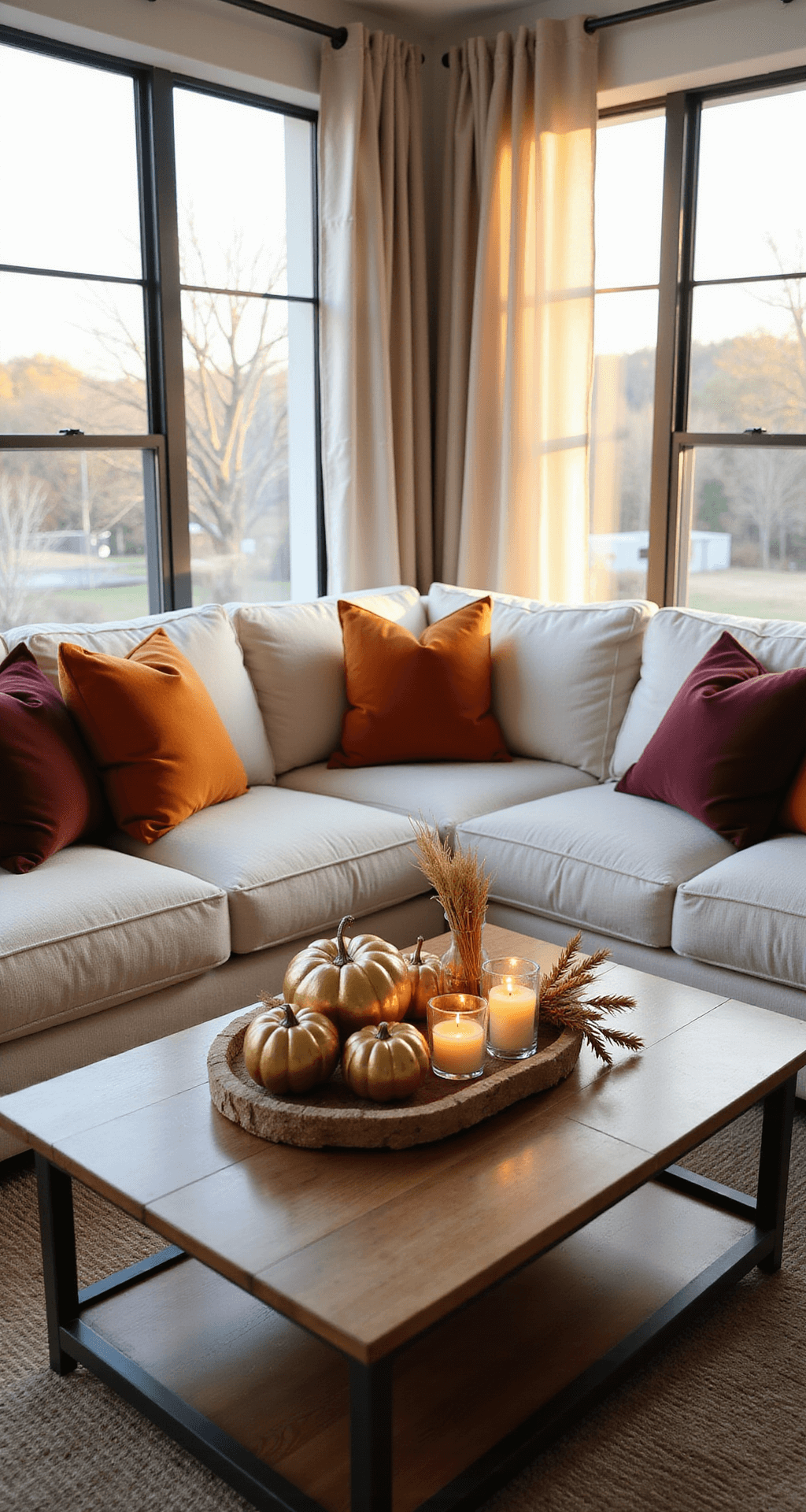 DIY Fall Decor: Cozy, Creative & Budget-Friendly Home Transformation A cozy modern living room with a cream sectional, accent pillows, a DIY fall centerpiece with metallic pumpkins, and warm sunlight filtering through sheer curtains, highlighting white shiplap walls.