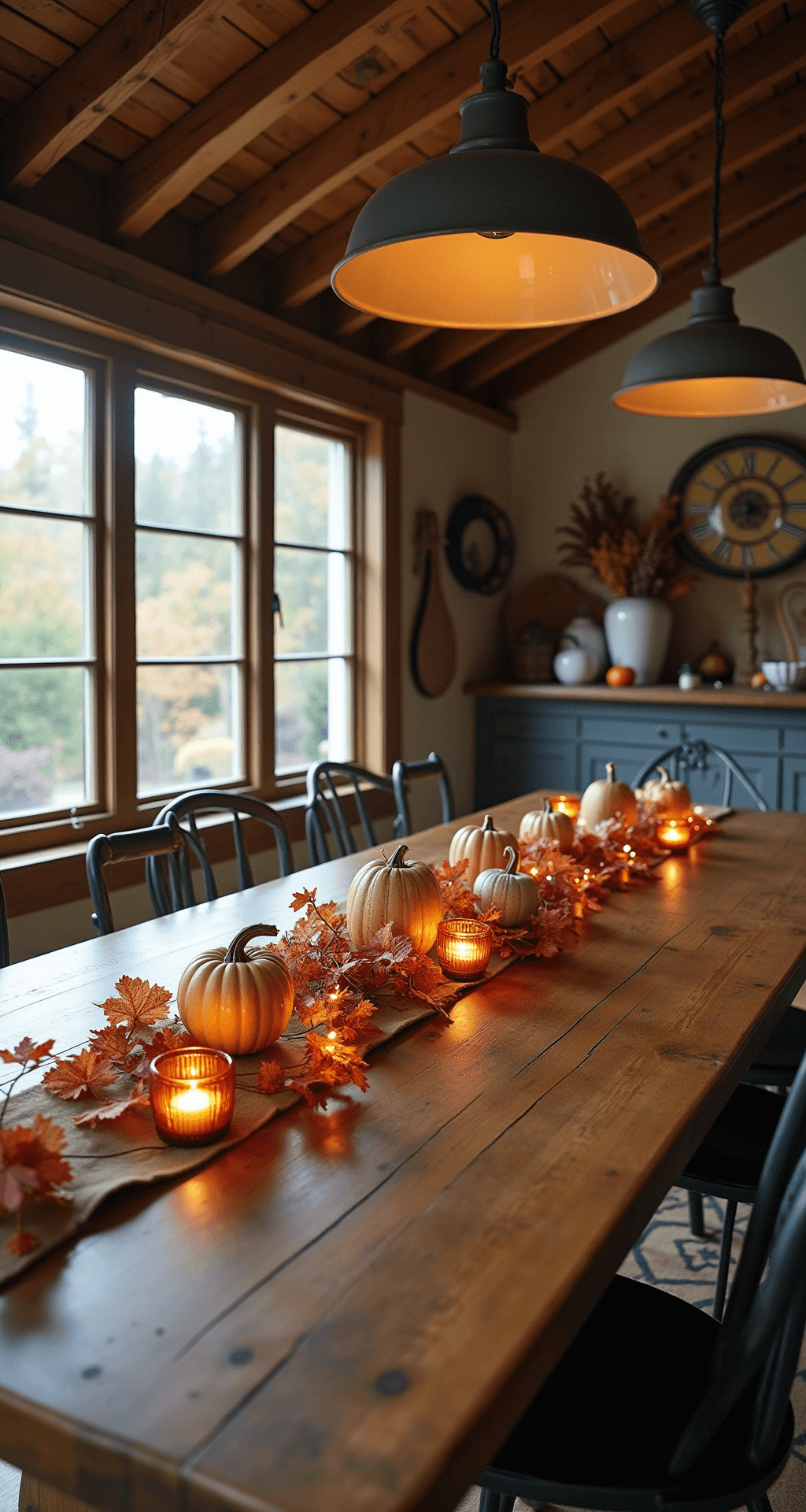 DIY Fall Decor: Cozy, Creative & Budget-Friendly Home Transformation A cozy rustic farmhouse dining room featuring a weathered oak table adorned with an autumn leaf garland and vintage book page pumpkins, illuminated by pendant lighting and afternoon sunlight streaming through mullioned windows.