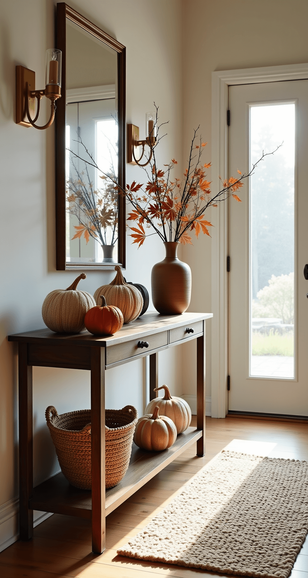 DIY Fall Decor: Cozy, Creative & Budget-Friendly Home Transformation A cozy autumn entry foyer featuring herringbone hardwood floors, a statement console table adorned with DIY yarn-wrapped pumpkins, a brass mirror, and wall sconces. A handwoven basket holds preserved maple branches, with a chunky knit runner adding softness. Morning light filters through a frosted glass door, creating dappled shadows.