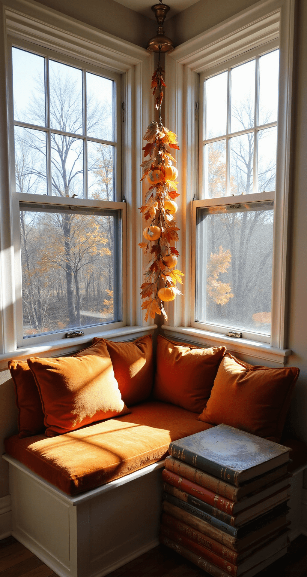 DIY Fall Decor: Cozy, Creative & Budget-Friendly Home Transformation A cozy reading nook featuring a window alcove with a deep velvet seat, floor-to-ceiling windows, metallic-painted pumpkins, vintage brass candlesticks, leather-bound books, and a handmade fall leaf mobile, illuminated by afternoon sunlight.
