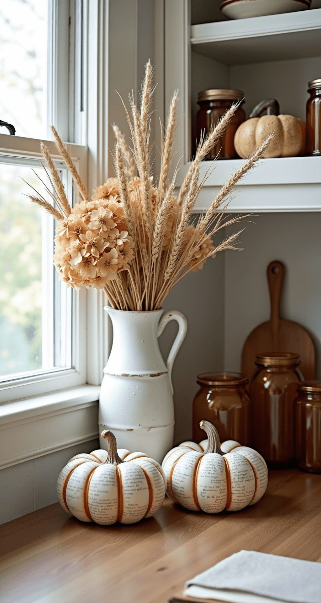 DIY Fall Decor: Cozy, Creative & Budget-Friendly Home Transformation A rustic fall kitchen vignette featuring a distressed white ceramic pitcher with wheat stems and dried hydrangeas, handcrafted book page pumpkins, copper cooking utensils, and amber glass jars, all softly illuminated by morning light from nearby windows.