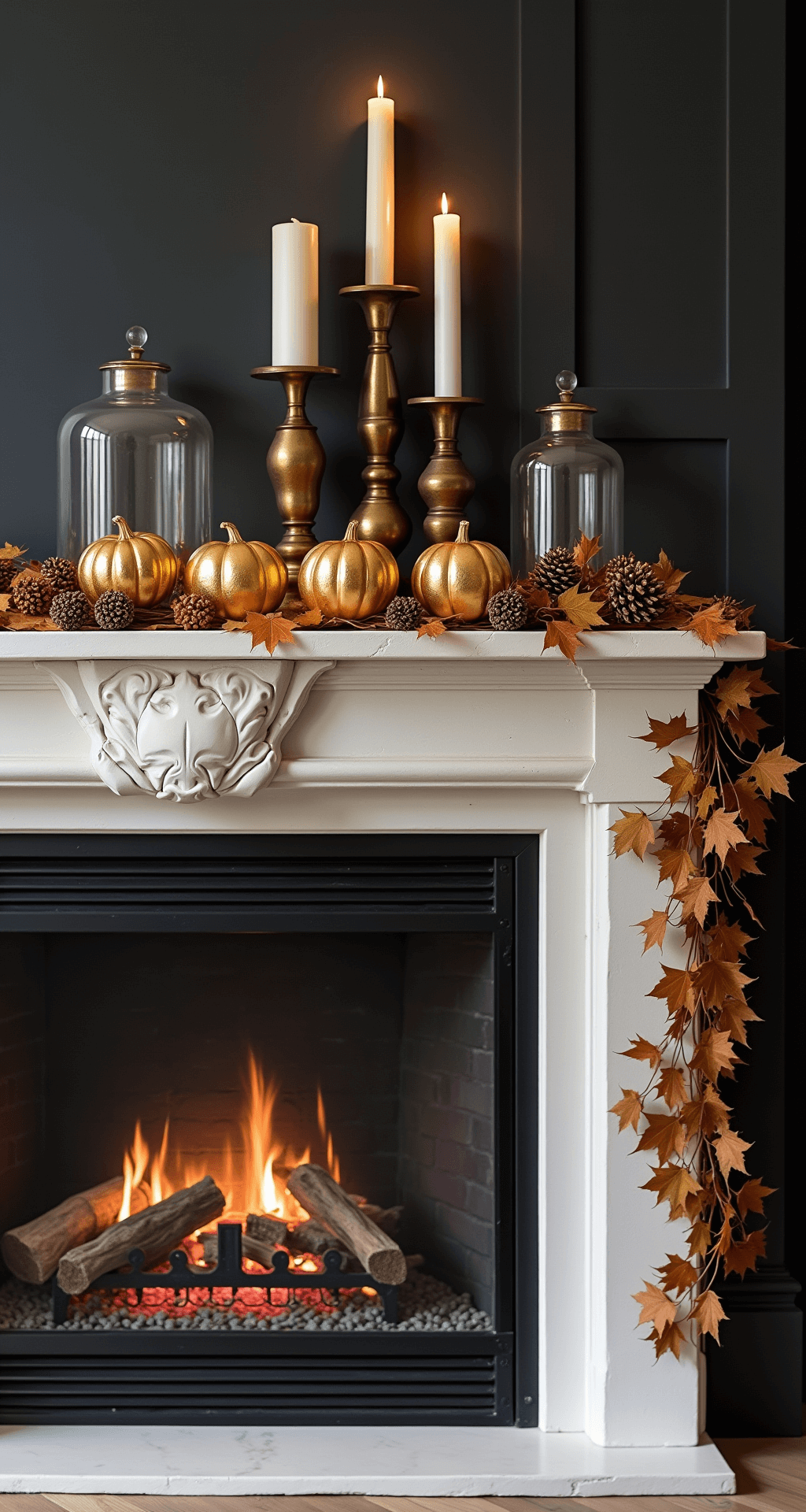 DIY Fall Decor: Cozy, Creative & Budget-Friendly Home Transformation A beautifully styled autumn mantel display on a 6ft wide limestone fireplace, featuring DIY gilded pumpkins, mercury glass candleholders, and copper-sprayed pinecones, with a handcrafted leaf garland draping asymmetrically against dark charcoal walls, illuminated by subtle uplighting.
