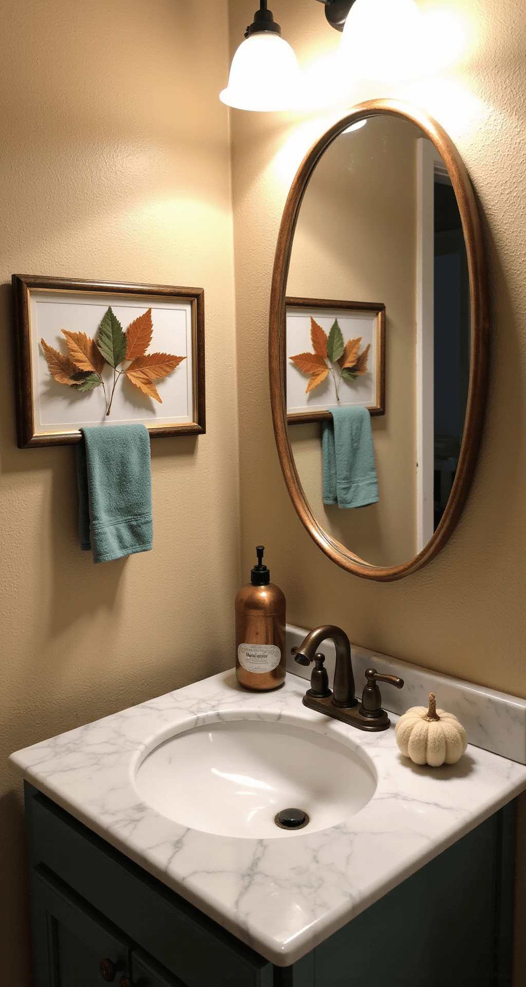 DIY Fall Decor: Cozy, Creative & Budget-Friendly Home Transformation A fall-themed 5x8ft powder room featuring a marble-topped vanity with cream and sage green mini yarn pumpkins beside a copper soap dispenser, an upcycled vintage frame with pressed autumn leaves, and soft pendant lighting, captured at vanity height to emphasize reflections in the oval mirror.