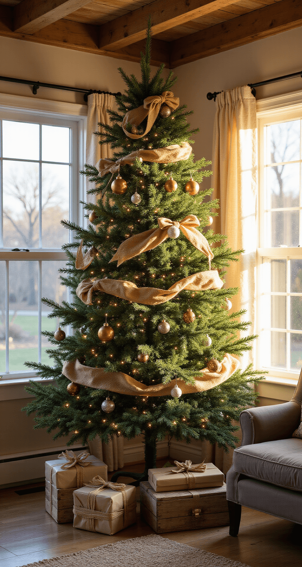 Creating the Perfect Farmhouse Christmas Tree: A Rustic Holiday Masterpiece A cozy farmhouse living room at golden hour, featuring a 9ft Noble Fir tree adorned with warm white lights and burlap ribbon, surrounded by weathered wooden crates of kraft paper-wrapped presents, all illuminated by soft natural light coming through sheer linen curtains.