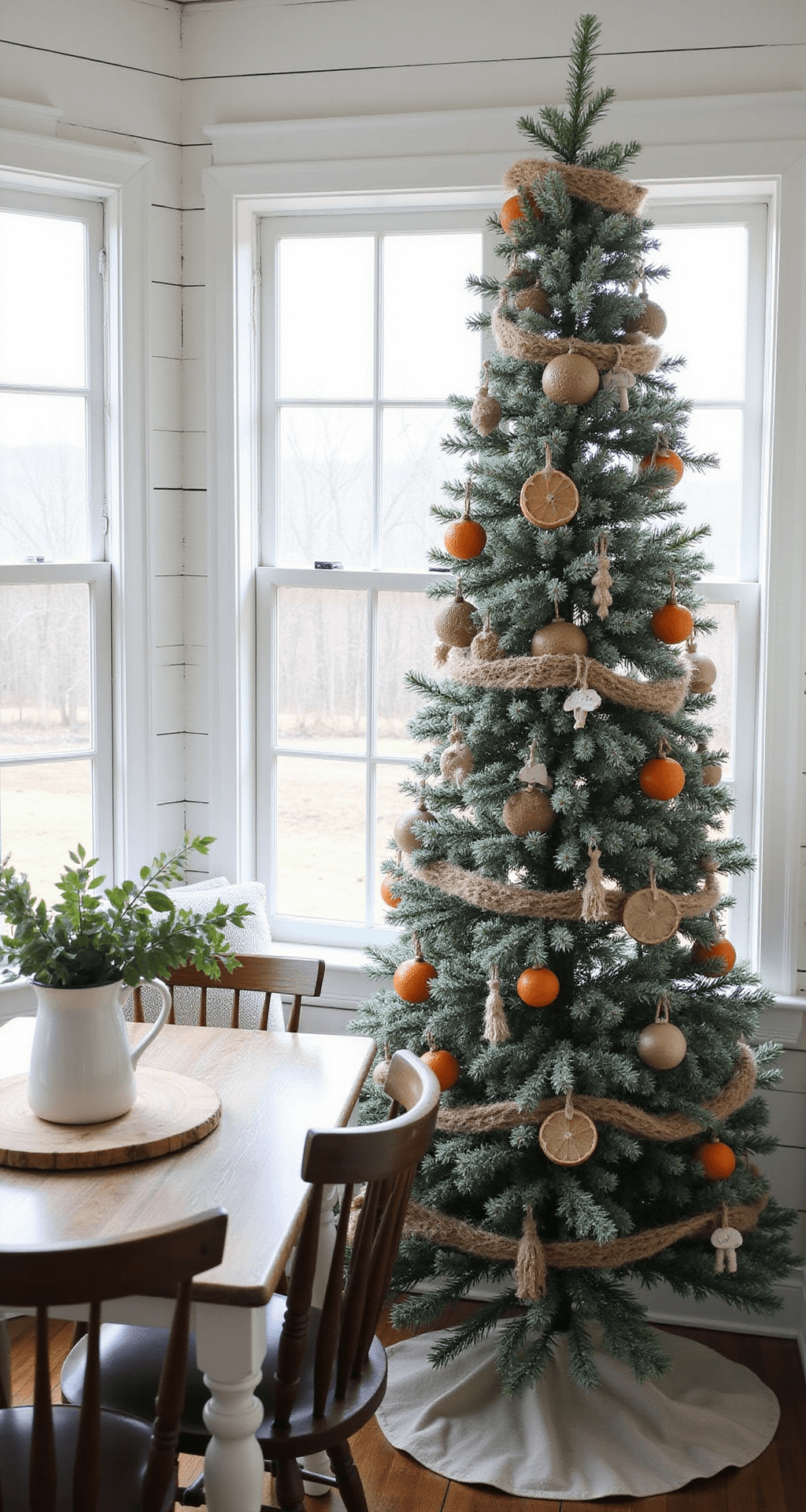 Creating the Perfect Farmhouse Christmas Tree: A Rustic Holiday Masterpiece Intimate breakfast nook featuring a 7ft flocked Fraser Fir decorated with handmade ornaments and dried orange slices, bathed in soft morning light filtering through mullioned windows, with a vintage enamelware pitcher of eucalyptus on a distressed farmhouse table.