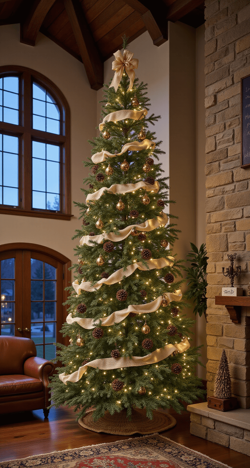 Creating the Perfect Farmhouse Christmas Tree: A Rustic Holiday Masterpiece A cathedral-ceilinged great room at dusk featuring a 12ft Balsam Fir Christmas tree adorned with cream burlap ribbon, antique brass bells, and pinecone clusters, illuminated by warm LED spotlights, with a floor-to-ceiling stone fireplace and an antique leather armchair in the foreground, all captured with a wide-angle lens to highlight the architecture and ambiance.