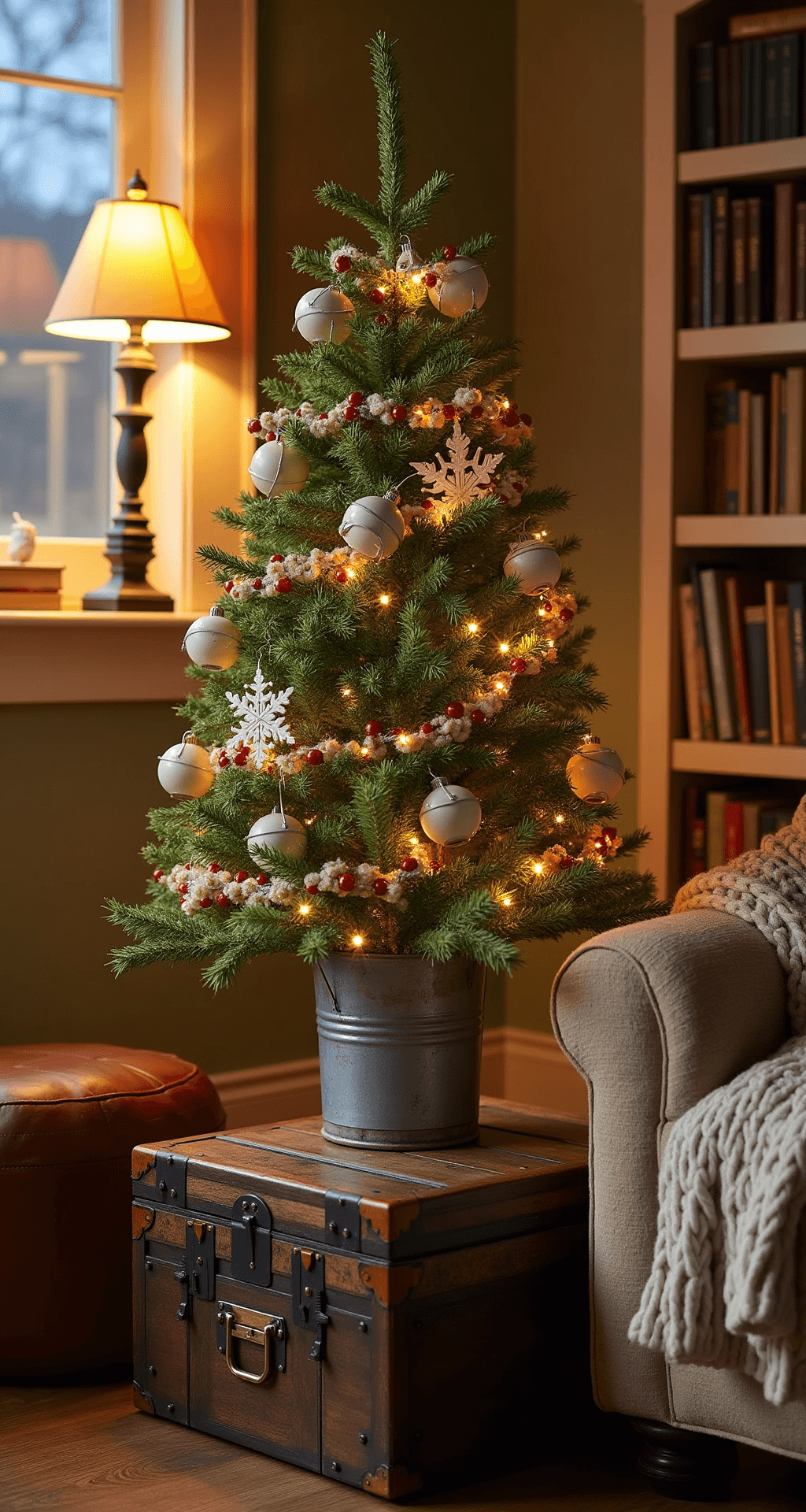 Creating the Perfect Farmhouse Christmas Tree: A Rustic Holiday Masterpiece Cozy den at twilight with a 6ft tabletop Christmas tree on a vintage trunk, decorated with miniature galvanized buckets, wooden snowflakes, and cranberry garlands, alongside a reading nook featuring a chunky knit throw and a weathered leather ottoman, all warmly lit by ambient lamps and tree lights.