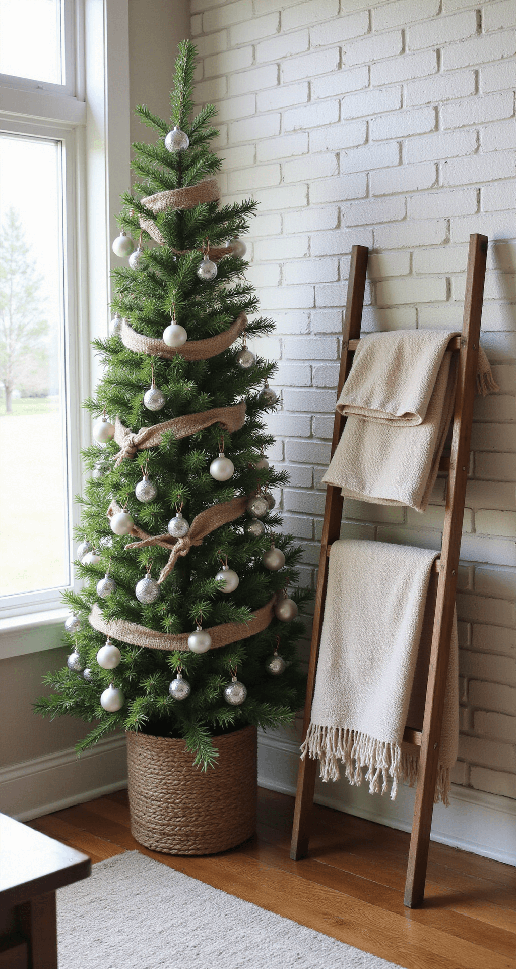 Creating the Perfect Farmhouse Christmas Tree: A Rustic Holiday Masterpiece A sunlit family room with a Blue Spruce tree against a whitewashed brick wall, adorned with vintage grain sack ribbons and mercury glass ornaments, complemented by a vintage ladder displaying coordinating throws and pillows, all captured with natural light.