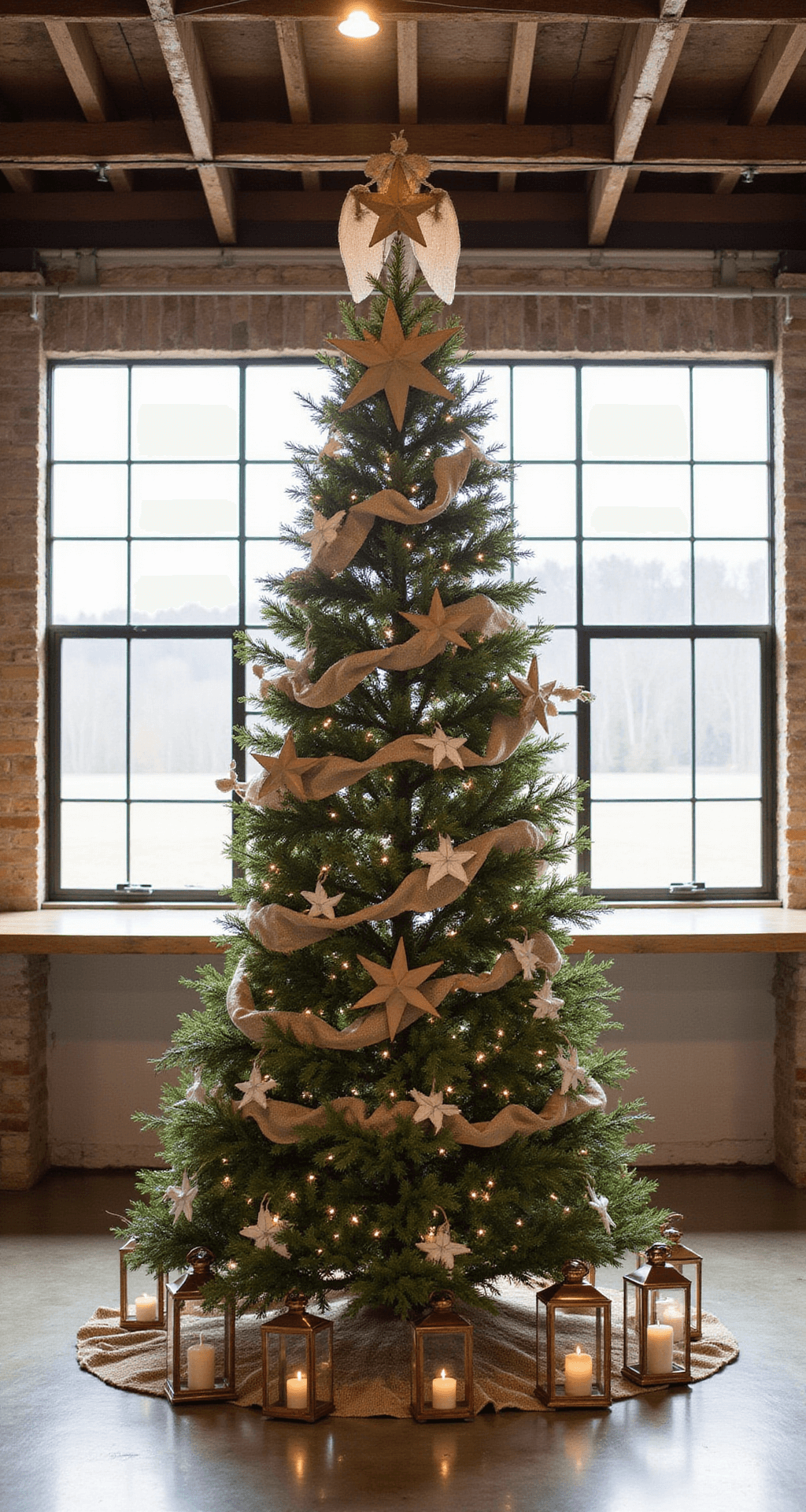 Creating the Perfect Farmhouse Christmas Tree: A Rustic Holiday Masterpiece A spacious rustic barn interior with high ceilings and exposed beams, featuring a tall Norway Spruce adorned with oversized wooden stars and a burlap angel tree topper. Vintage copper lanterns surround the tree base, with industrial windows in the background, captured from a mezzanine level for a grand yet intimate perspective.