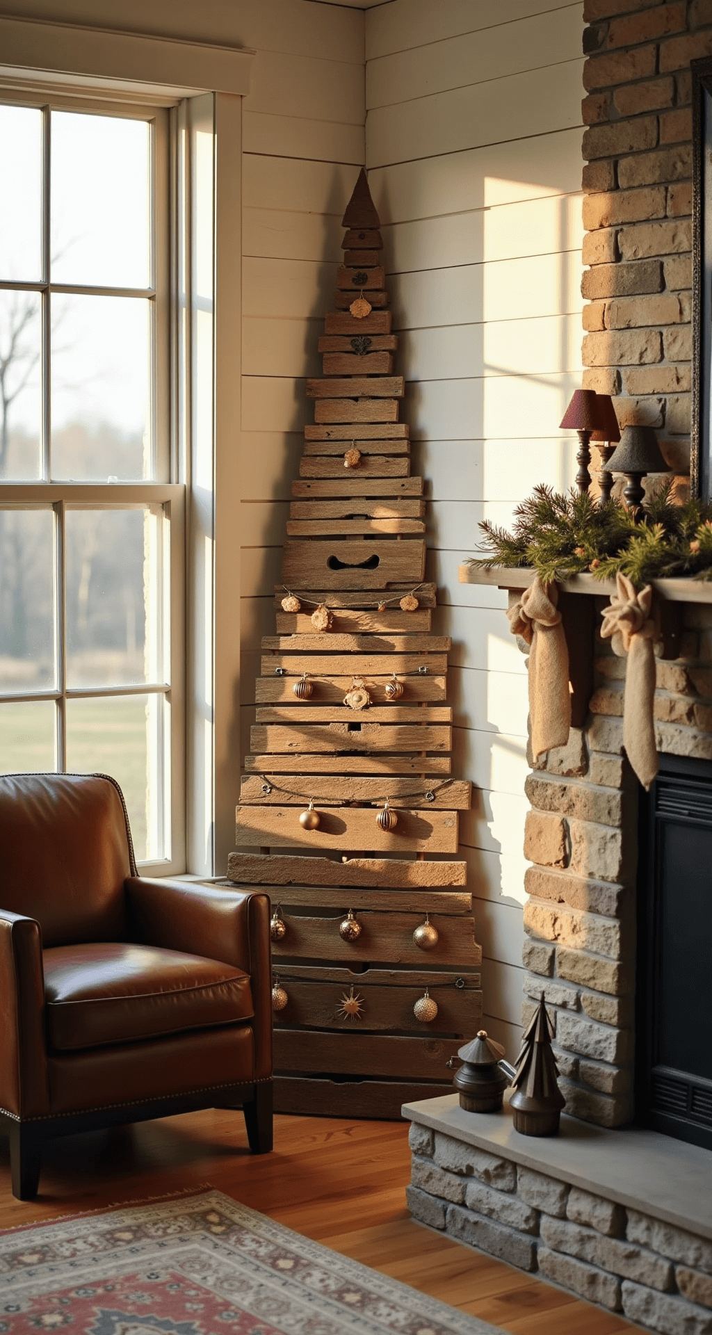 DIY Christmas Tree: Your Ultimate Guide to Festive Home Decoration Cozy living room with a rustic wooden Christmas tree, vintage copper ornaments, and warm sunlight streaming through large windows, featuring a stone fireplace and leather armchair.