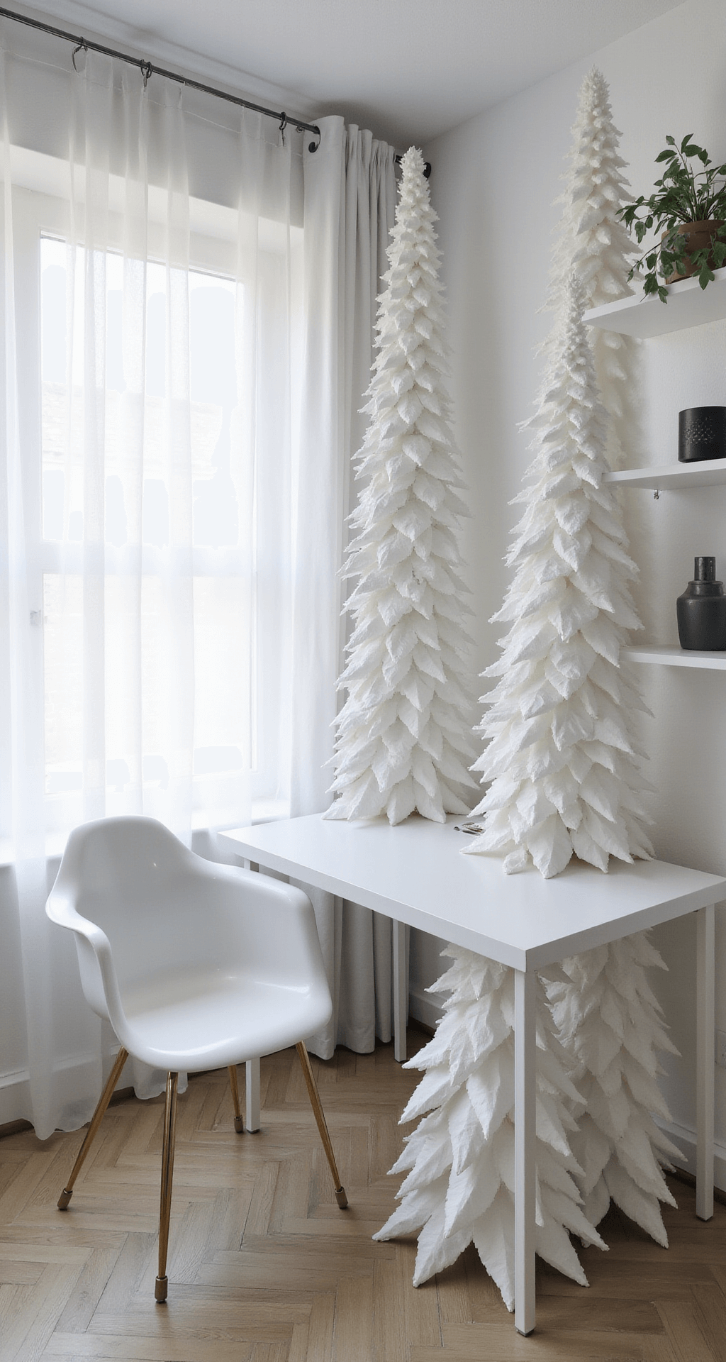 DIY Christmas Tree: Your Ultimate Guide to Festive Home Decoration A minimalist Scandinavian-style home office featuring a floor-to-ceiling white origami Christmas tree, modern white desk with brass accents, and ghost chair, illuminated by morning light through sheer curtains, creating an ethereal atmosphere with a monochromatic white palette.