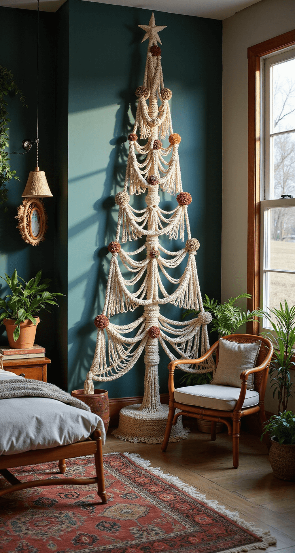 DIY Christmas Tree: Your Ultimate Guide to Festive Home Decoration A bohemian-style bedroom featuring a 7ft tall macramé Christmas tree made of natural cotton rope, adorned with wooden beads and dried flowers, positioned against a deep teal wall. The room includes vintage rattan furniture, layered Persian rugs, and vibrant plants, with dramatic shadows cast by late afternoon light. The earth-tone color palette includes rust and terra cotta hues, with a low-angle perspective emphasizing the tree's height and intricate textures.