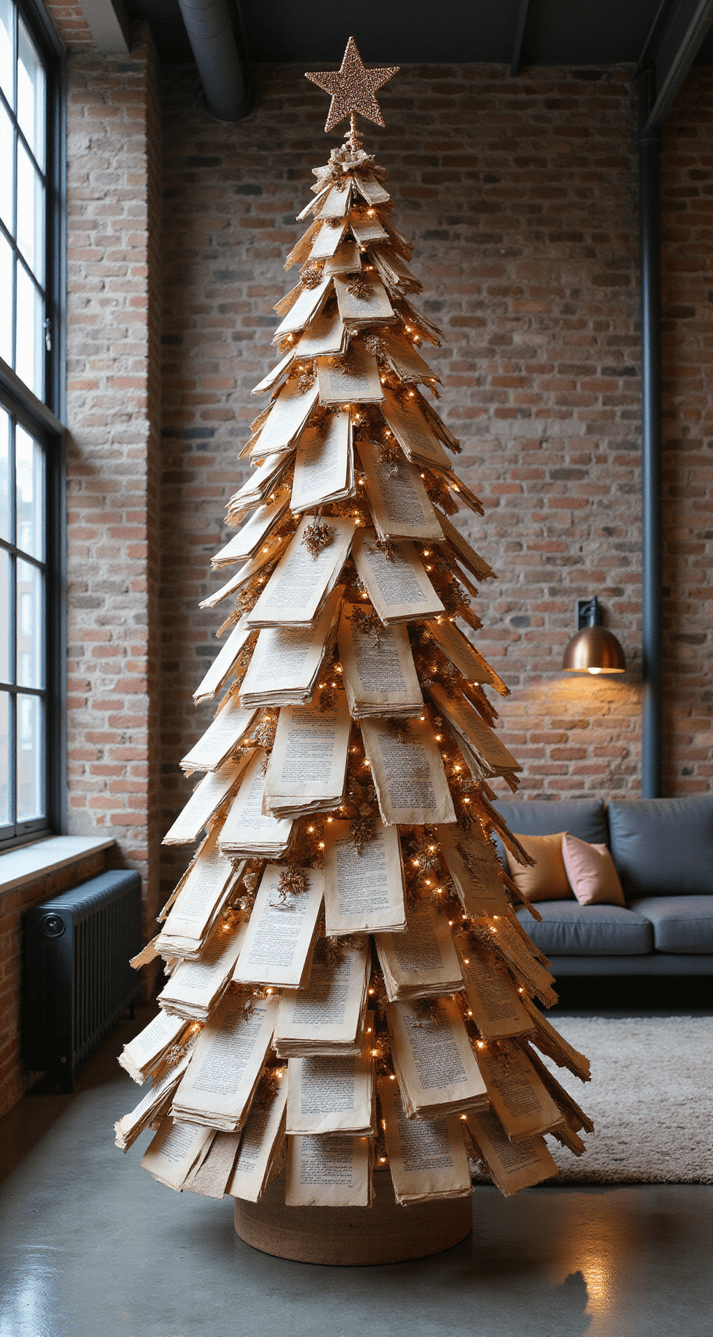 DIY Christmas Tree: Your Ultimate Guide to Festive Home Decoration A bright open-concept loft featuring an 8ft sustainable Christmas tree made from vintage book pages and cardboard, set against an exposed brick wall. A modern charcoal grey sectional sofa and mixed metal accents are visible. The image captures dramatic noon lighting filtering through industrial windows, emphasizing the texture of the tree and metallic details.