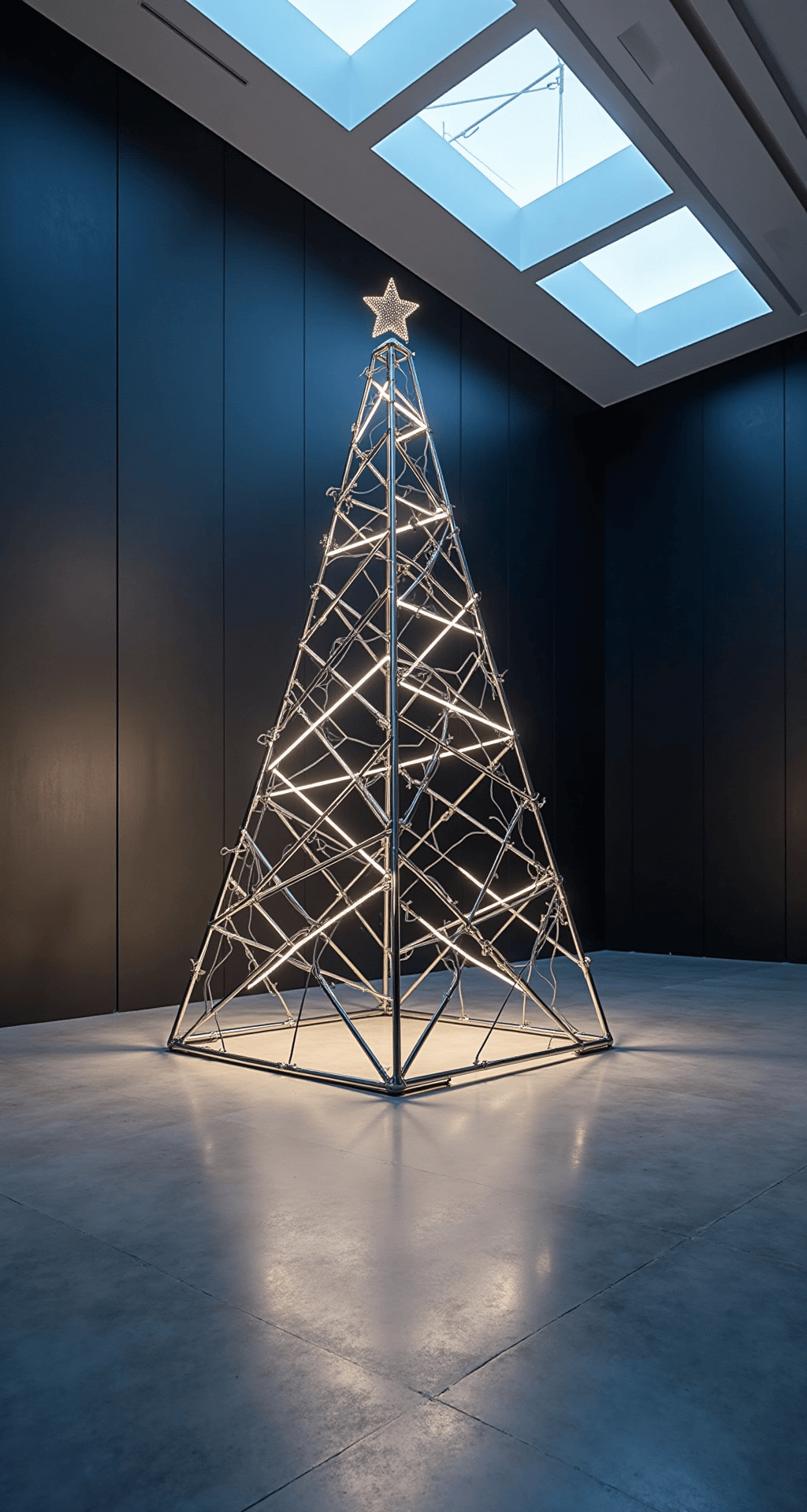 DIY Christmas Tree: Your Ultimate Guide to Festive Home Decoration A modern gallery space featuring a geometric metal Christmas tree sculpture with LED light strips, set on a polished concrete floor. The tree is positioned against a matte black accent wall, surrounded by minimalist grey and white furniture, illuminated by blue hour ambient light from skylights and strategic spotlights.