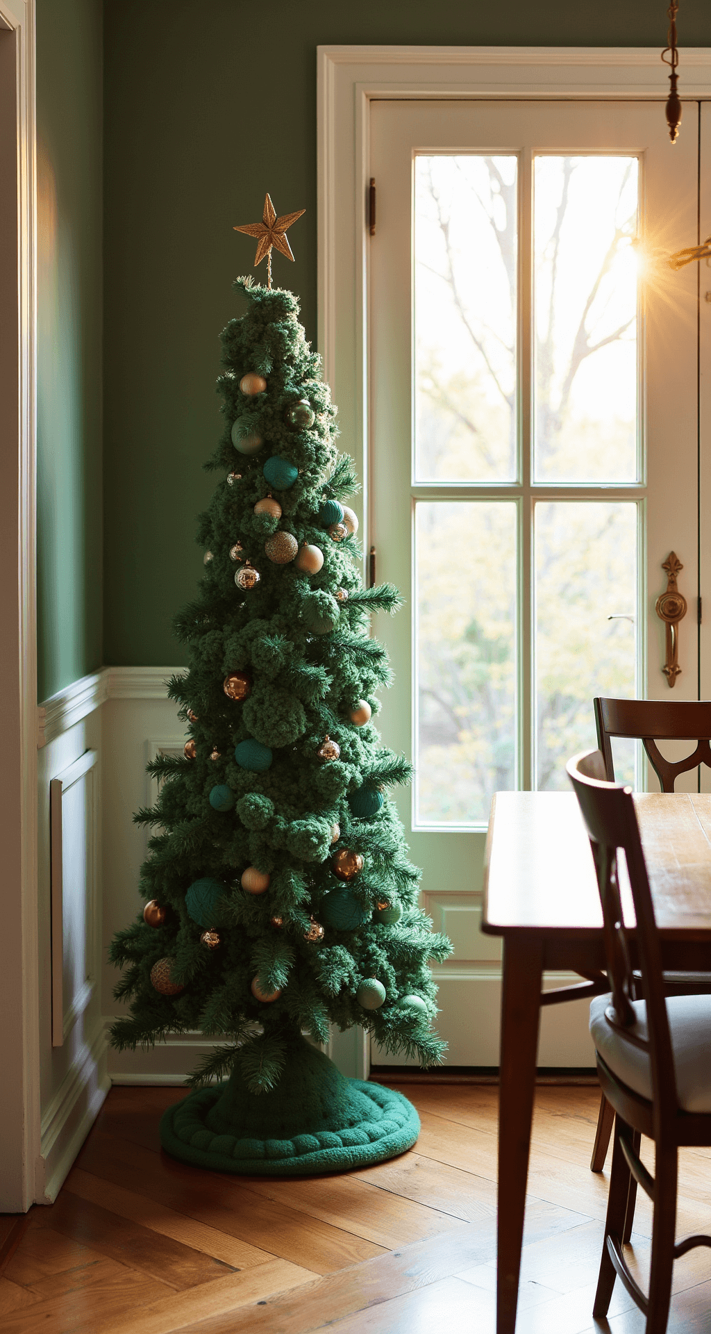 DIY Christmas Tree: Your Ultimate Guide to Festive Home Decoration A festive dining room featuring a DIY yarn Christmas tree wrapped in gradient-dyed wool yarns from emerald to sage, adorned with brass ornaments. The scene is illuminated by golden hour lighting streaming through French doors, with a mid-century modern dining set nearby and a vintage brass chandelier above. The walls are sage green with white trim, and the herringbone wood floors add warmth, all captured at a 45-degree angle to emphasize depth and texture. Natural lighting accentuates the yarn's texture with a subtle rim light.