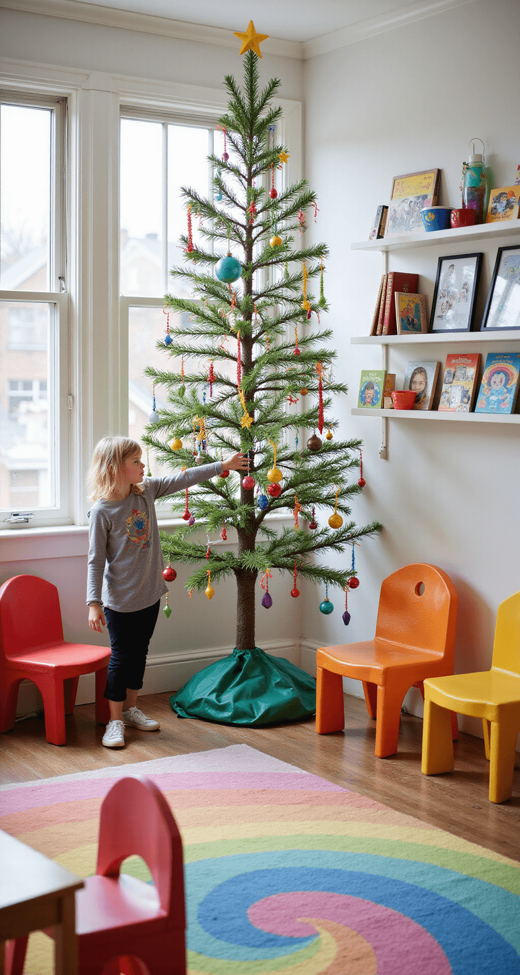 DIY Christmas Tree: Your Ultimate Guide to Festive Home Decoration A cozy children's playroom showcasing a collaborative family Christmas tree made from colorful craft paper chains, hand-painted ornaments, and personal photos, illuminated by mid-morning light through bay windows. The setting features white walls, a rainbow book display, and modern play furniture, all in a bright color palette. The image is captured from a child's perspective, emphasizing a whimsical atmosphere with soft shadows.