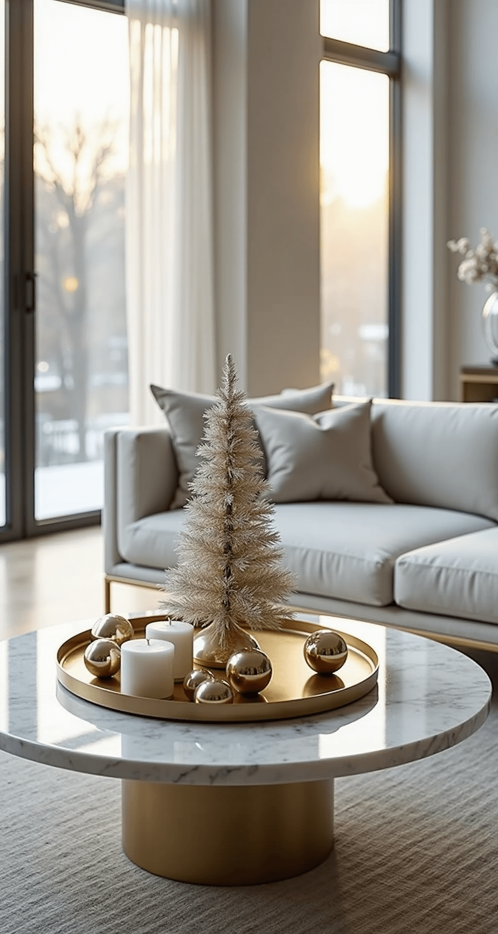 Magical Christmas Coffee Table Decor: Your Ultimate Styling Guide A luxurious modern Christmas coffee table in a contemporary living room, featuring a round marble table adorned with a brass geometric tray, a mercury glass Christmas tree, white pillar candles, and silver/gold ornaments, bathed in soft morning light from large windows.