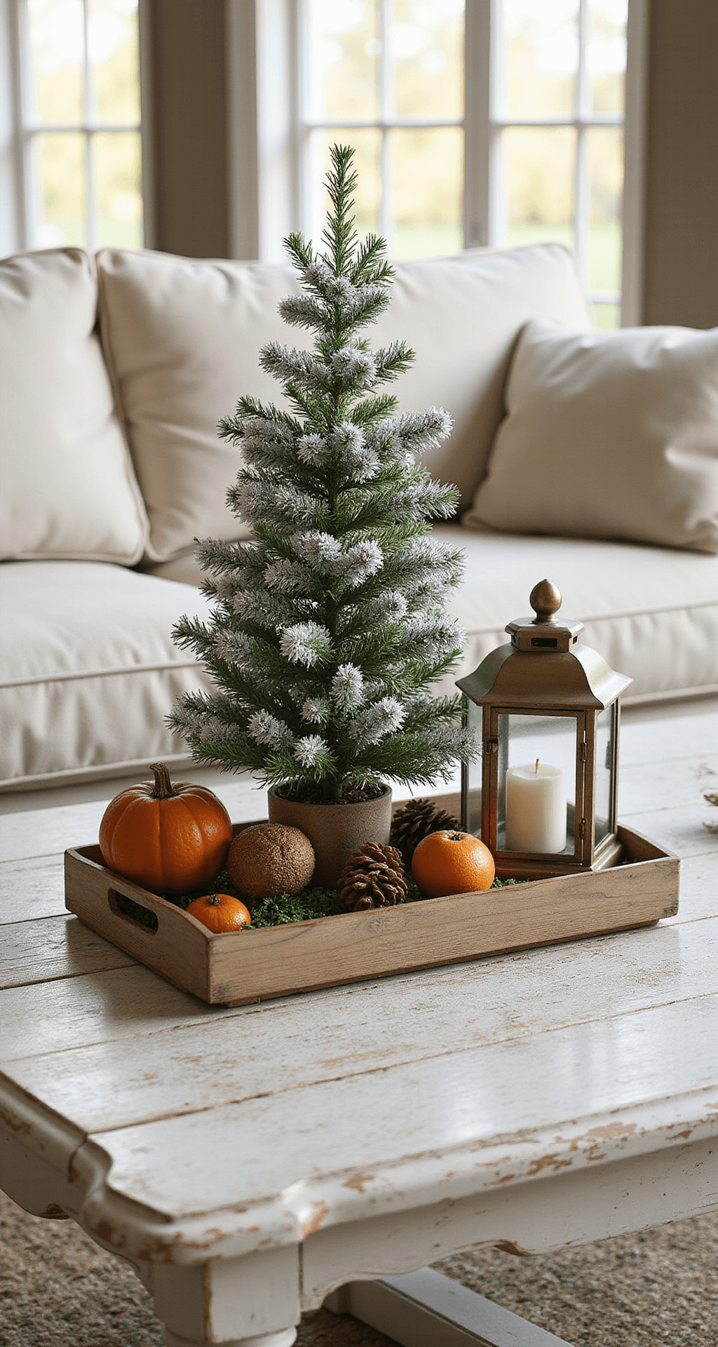 Magical Christmas Coffee Table Decor: Your Ultimate Styling Guide Wide-angle view of a rustic farmhouse living room at golden hour, featuring a weathered wood coffee table with a vintage centerpiece of a flocked pine tree, brass lantern, and natural elements, complemented by a cream linen sofa, all in warm earth tones and soft backlighting.