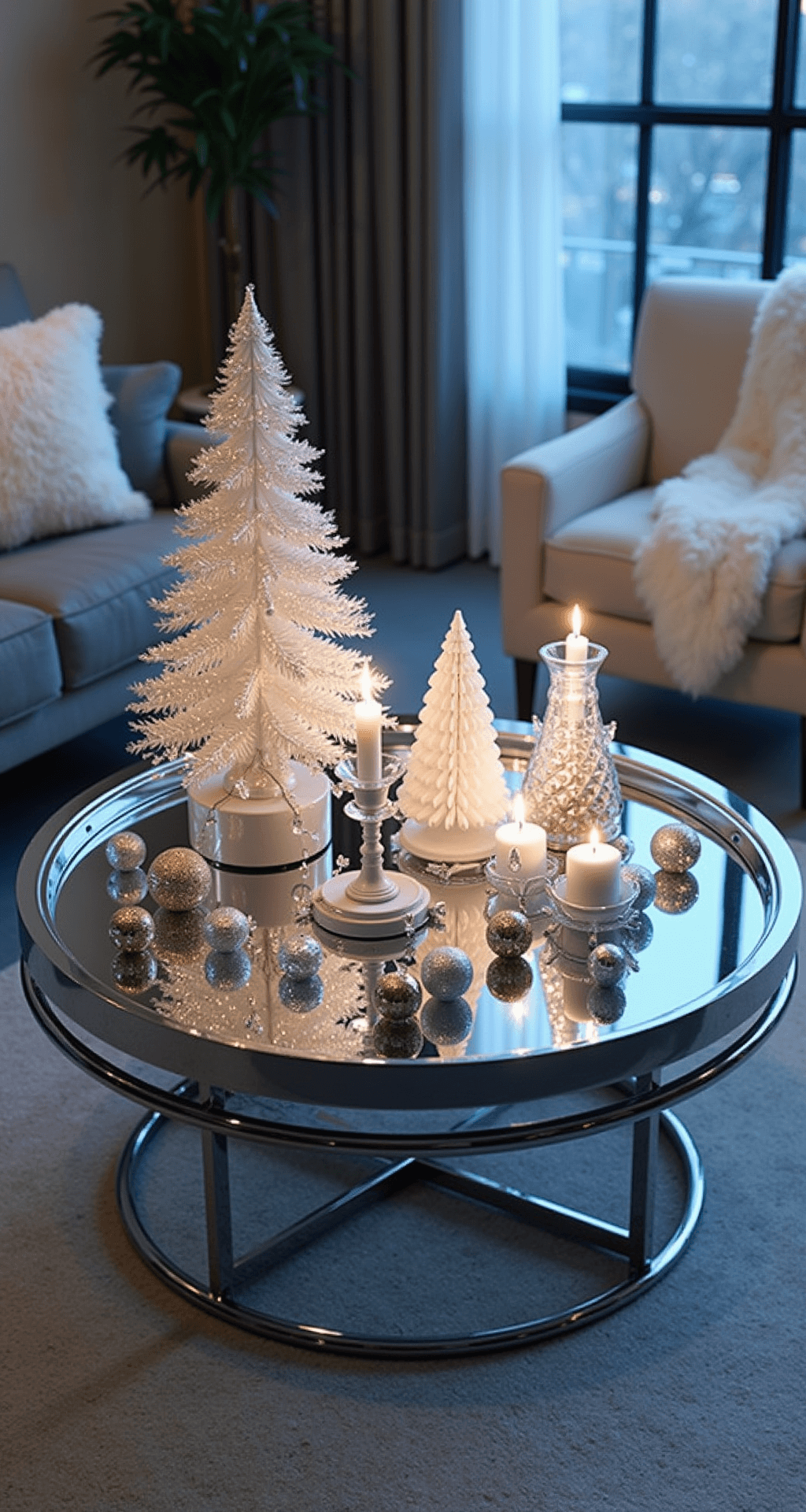 Magical Christmas Coffee Table Decor: Your Ultimate Styling Guide An elegant winter wonderland coffee table scene featuring a round glass coffee table with a chrome base, adorned with a silver mirrored tray holding a white ceramic Christmas tree, crystal candleholders with white candles, and scattered mercury glass ornaments, all set in a sophisticated sitting room with cool blue-white lighting and a white faux fur throw draped over an armchair.