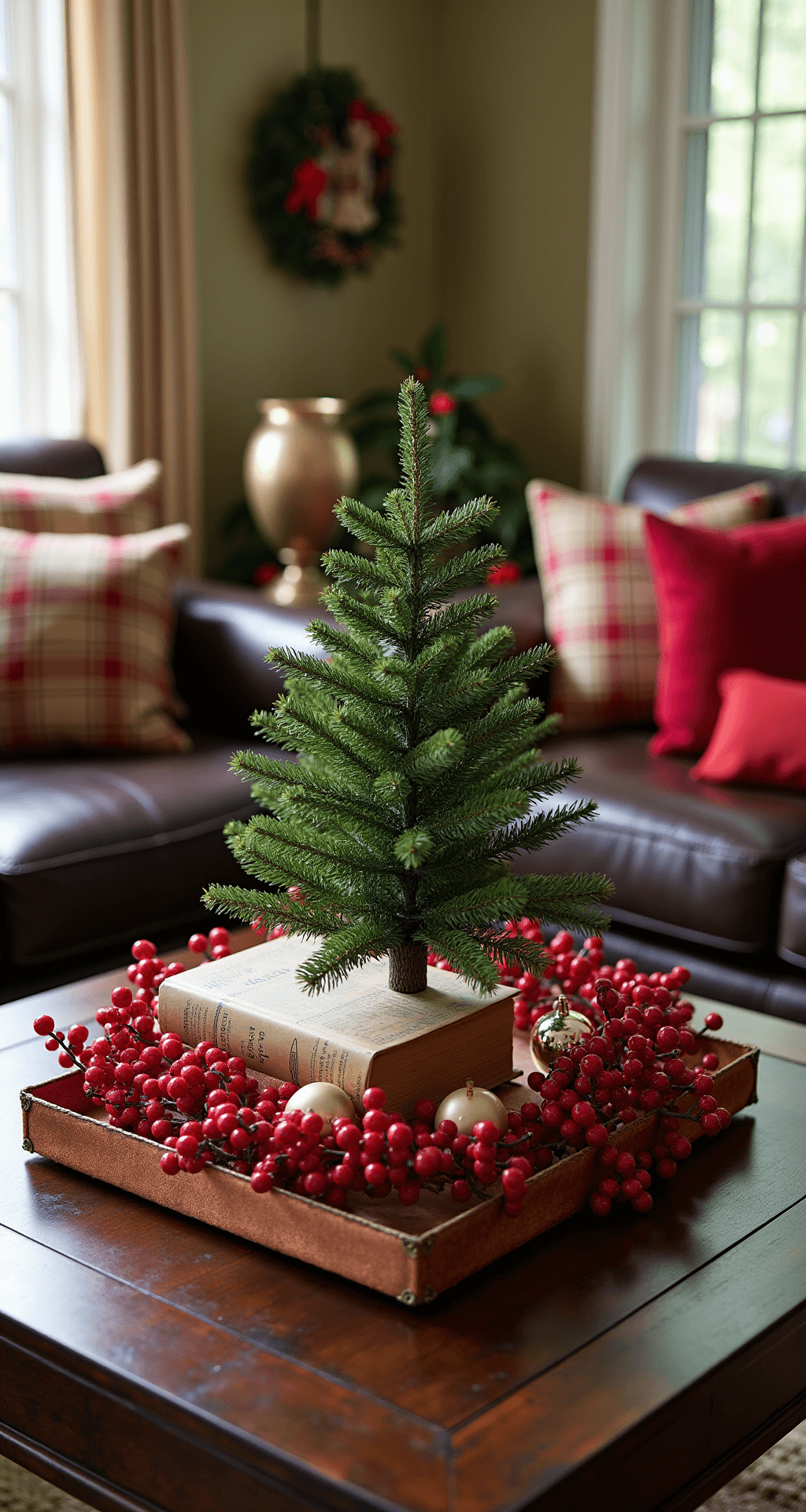 Magical Christmas Coffee Table Decor: Your Ultimate Styling Guide Cozy family room decorated for the holidays, featuring a dark wood coffee table with a copper tray, a green tabletop Christmas tree, red berry garland, and vintage books wrapped in craft paper, complemented by plaid throw pillows on a leather sofa, all bathed in warm afternoon light.