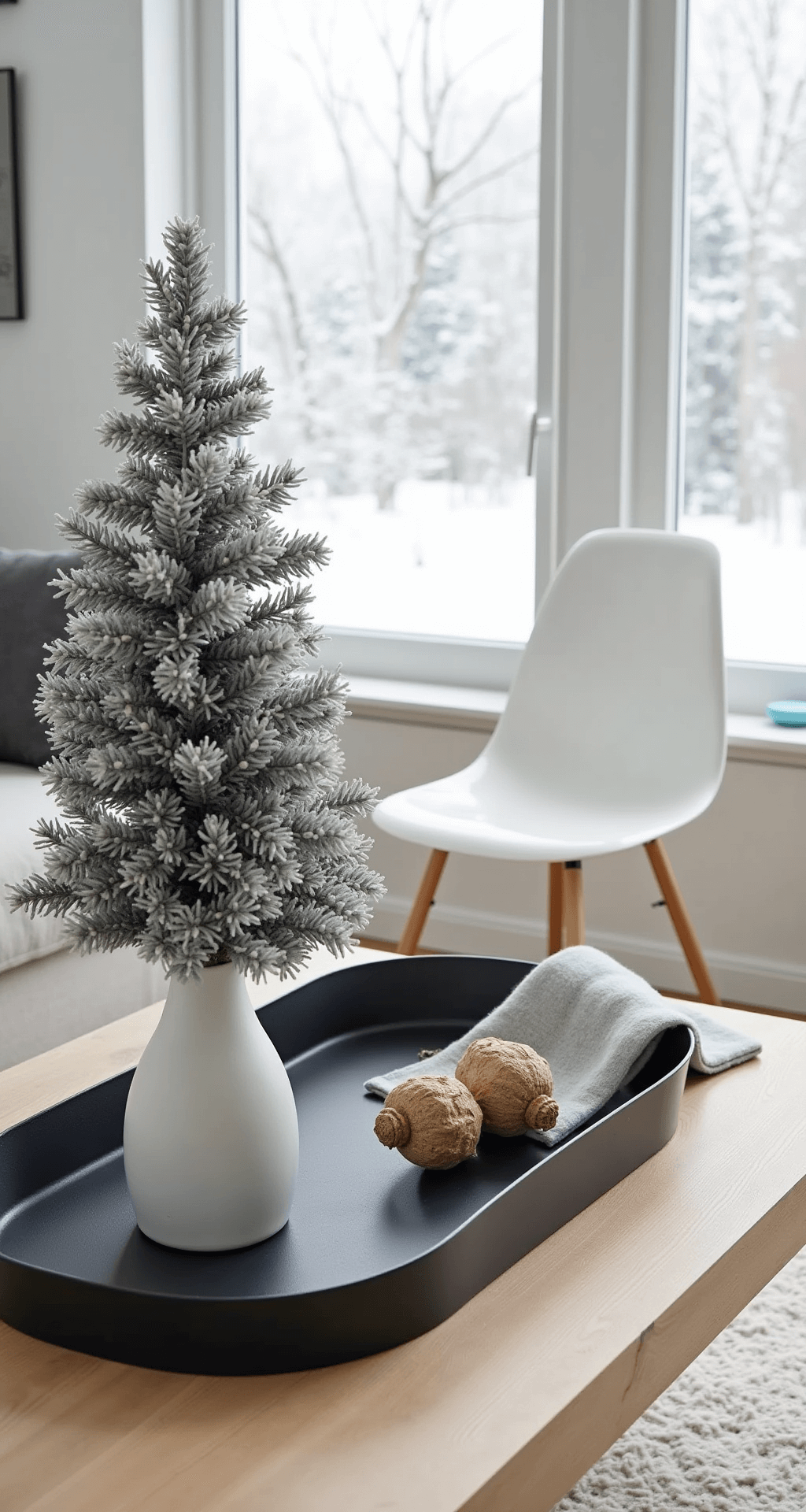 Magical Christmas Coffee Table Decor: Your Ultimate Styling Guide A minimalist Scandinavian Christmas setup featuring a bright modern space with snow-covered landscapes visible through large windows, showcasing a white oak coffee table adorned with a matte black metal tray, a white ceramic tree, gray wool felt garland, and natural wood ornaments, complemented by a partially visible ghost chair, all in a monochromatic palette with clean lines.