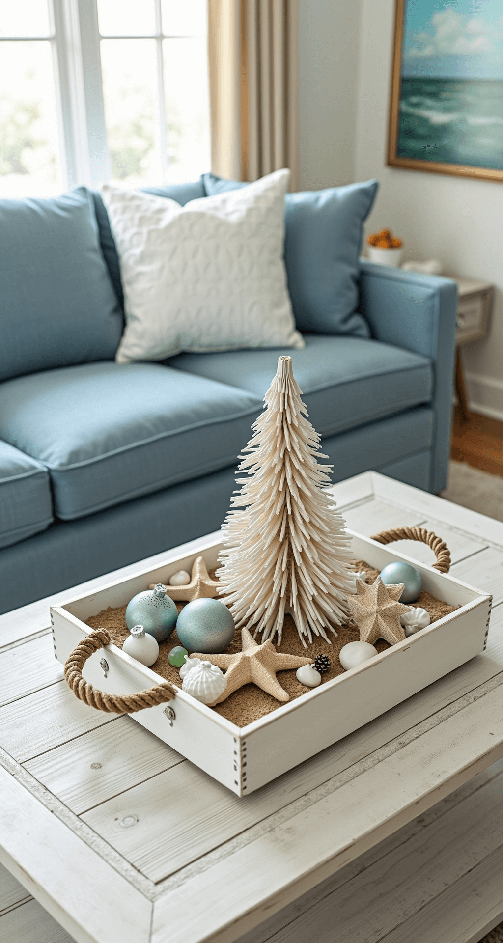 Magical Christmas Coffee Table Decor: Your Ultimate Styling Guide Coastal Christmas coffee table styled with driftwood tree, sea glass ornaments, starfish, and coral in a sunlit beach house living room with a blue linen sofa.