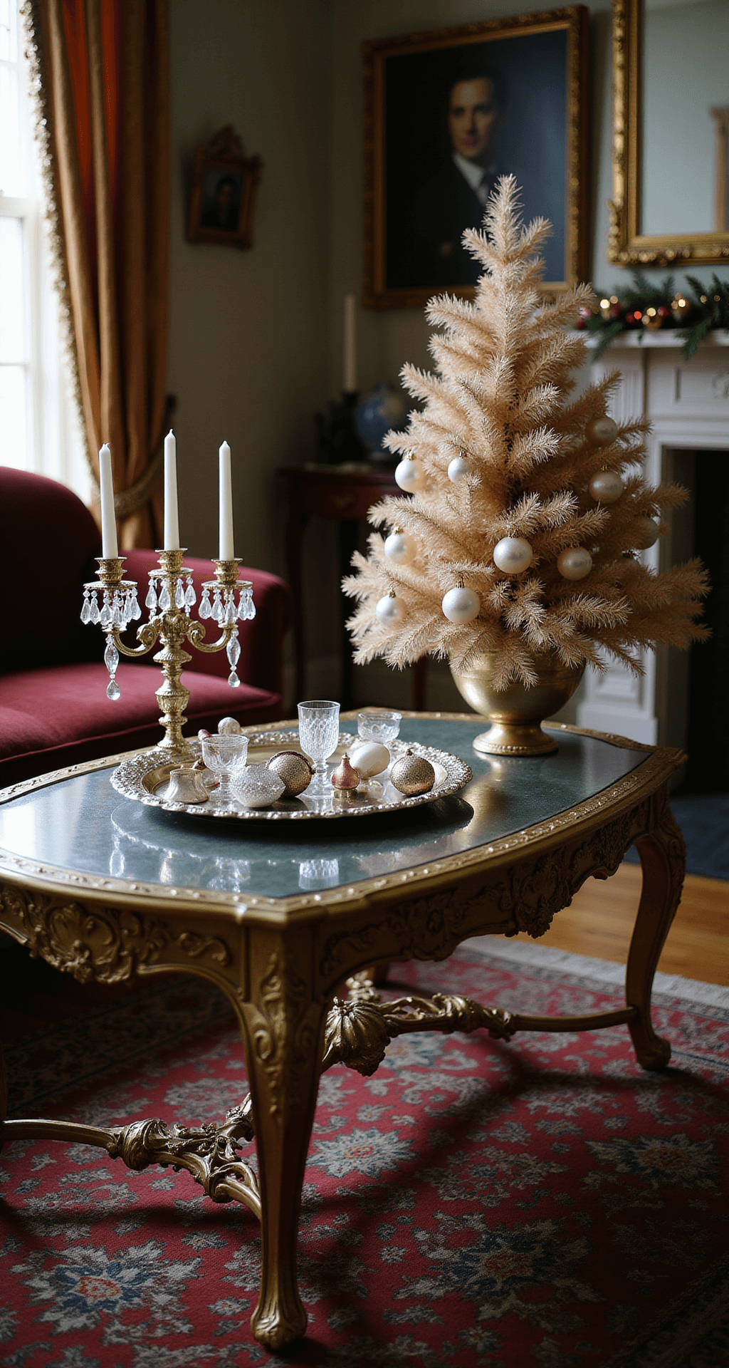 Magical Christmas Coffee Table Decor: Your Ultimate Styling Guide A cozy vintage parlor scene at twilight, featuring a gold coffee table with a mirror top, adorned with a silver tray and an 18-inch champagne-colored feather tree. Crystal candelabras, vintage mercury glass ornaments, and pearl garlands add a festive touch. A velvet settee is partially visible, with rich jewel tones and metallic highlights illuminated by dramatic side lighting.