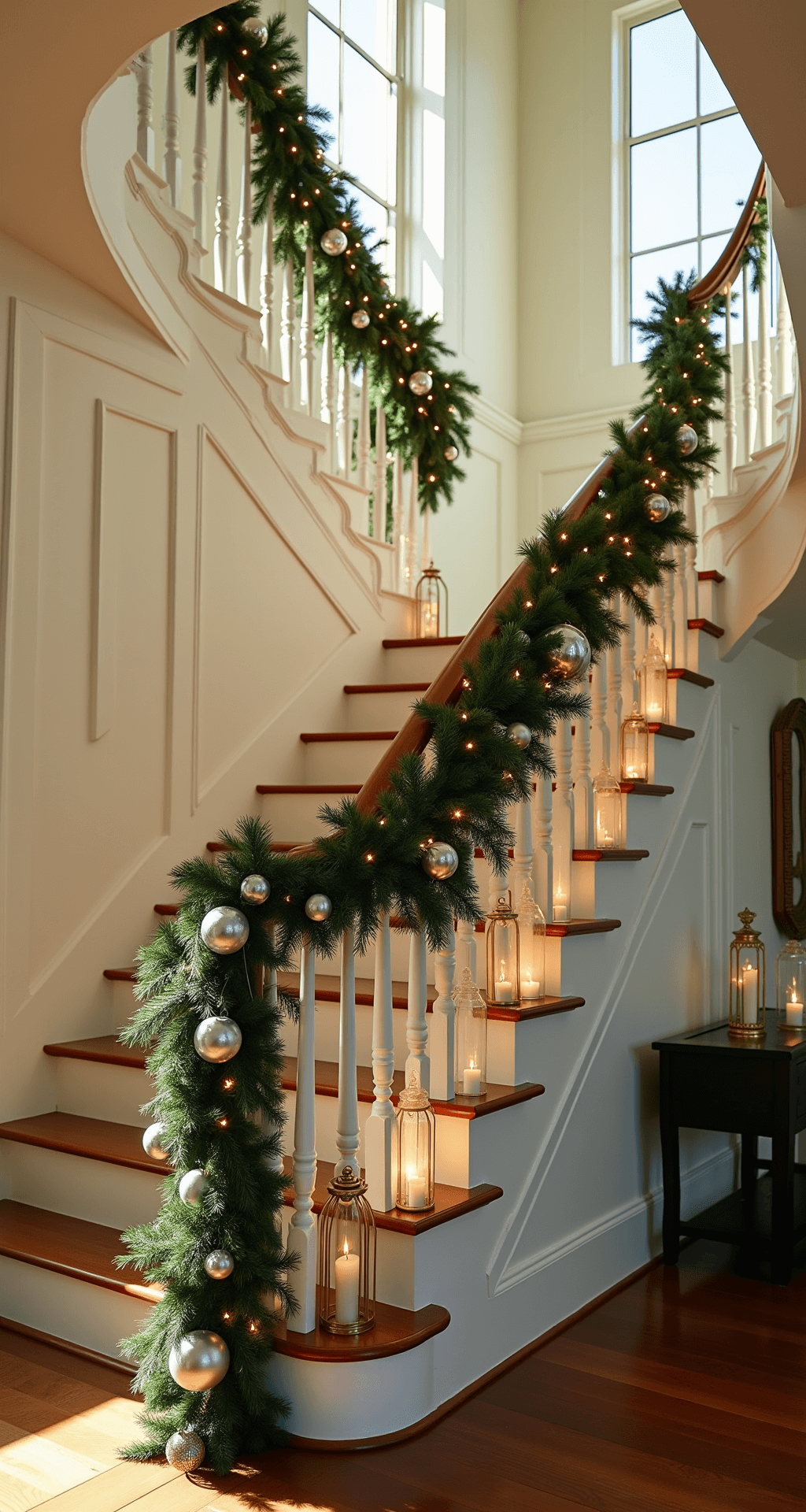 Magical Christmas Staircase Decor: Transform Your Home into a Festive Wonderland A sweeping Victorian-style staircase adorned with pine garland and mercury glass ornaments in a 20-foot foyer, captured in golden hour light with warm shadows, featuring deep emerald ribbon and vintage brass lanterns on rich hardwood steps.