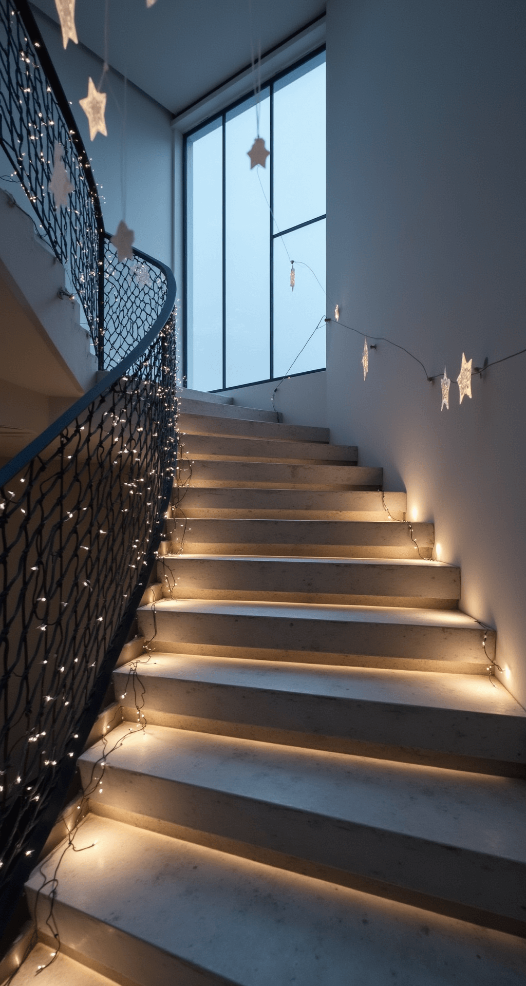 Magical Christmas Staircase Decor: Transform Your Home into a Festive Wonderland A minimalist modern atrium featuring floating concrete stairs, enhanced by white string lights on a matte black handrail and monochromatic paper stars. The scene is photographed at dusk from a mezzanine level, with cool LED uplighting and frosted glass ornaments adding subtle shimmer.